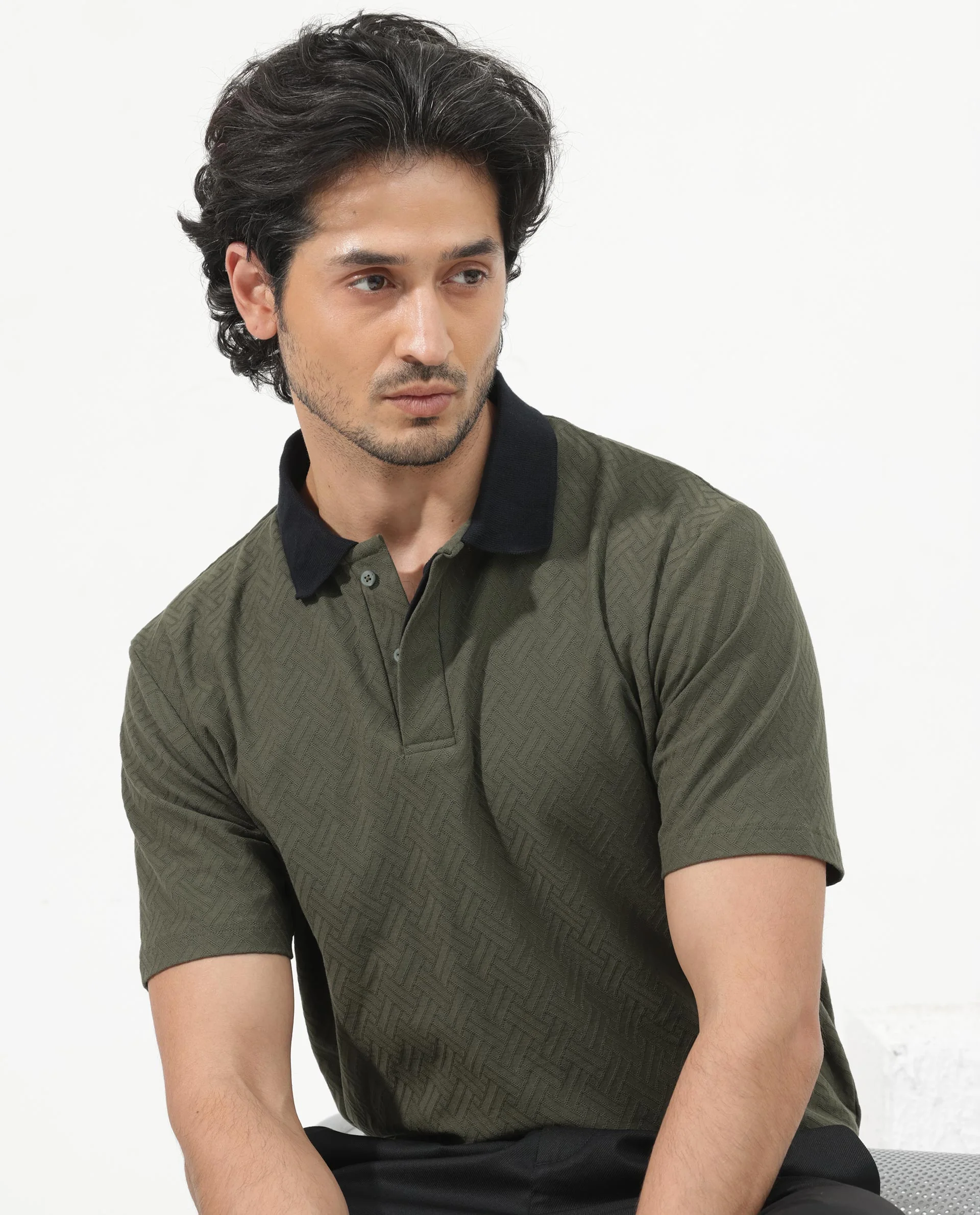 Rare Rabbit Men's State Olive Cotton Jacquard Regular Fit Half Sleeve Polo - Image 6