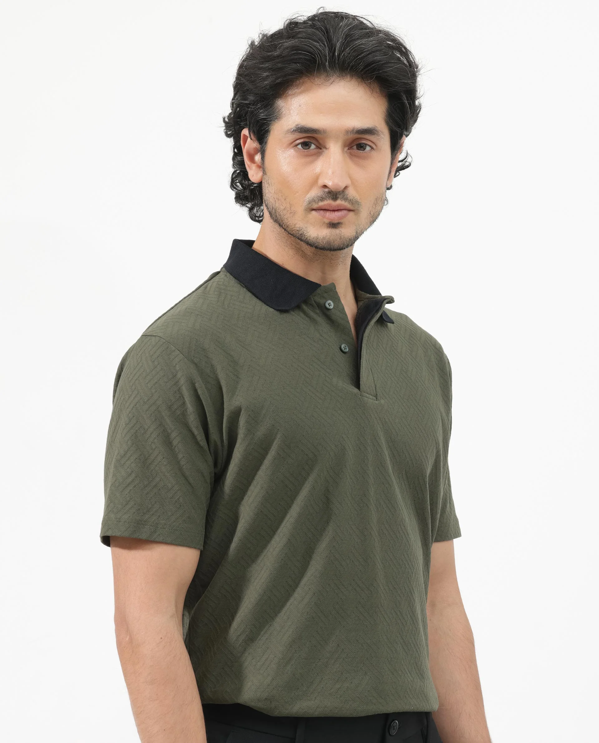 Rare Rabbit Men's State Olive Cotton Jacquard Regular Fit Half Sleeve Polo - Image 7