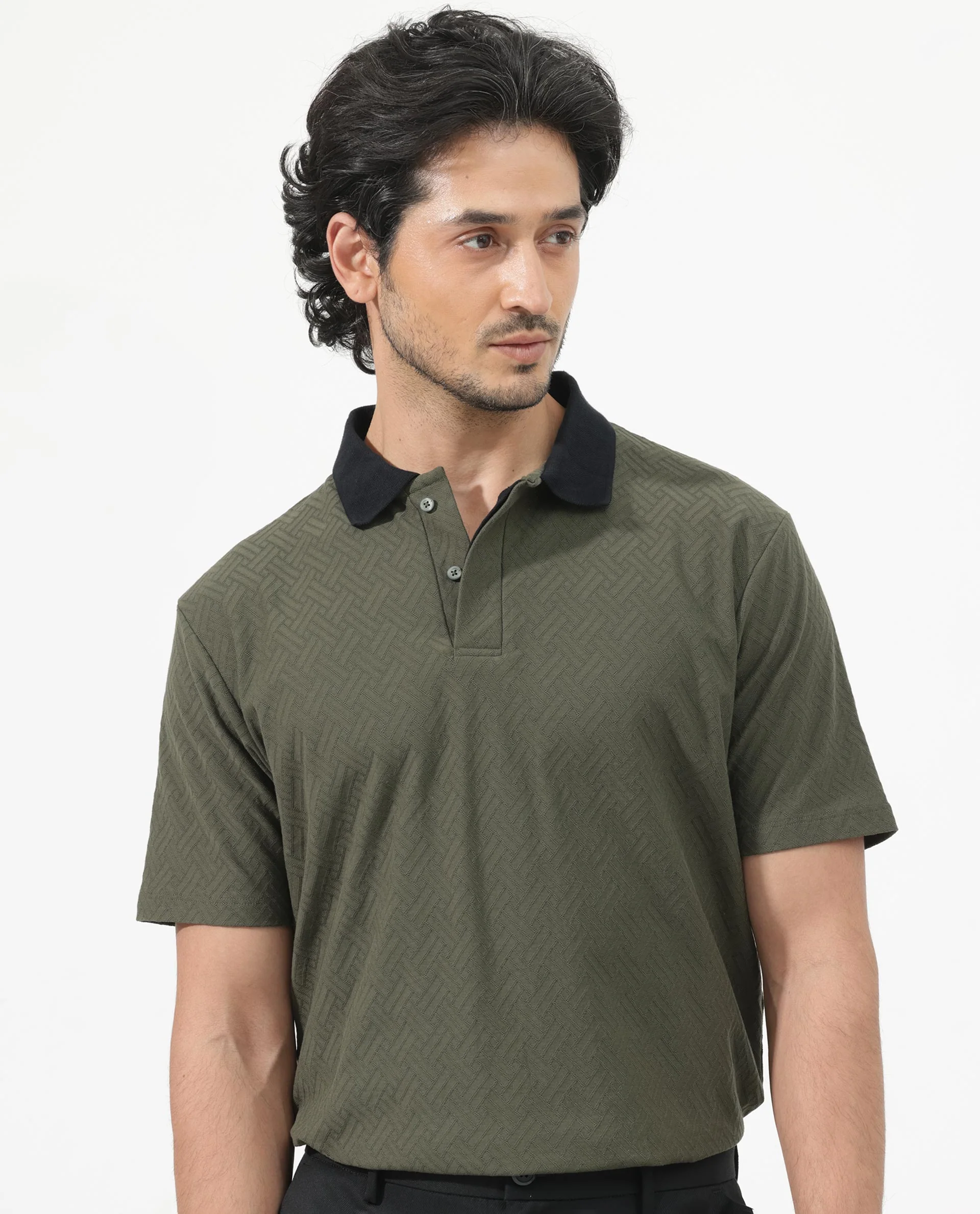 Rare Rabbit Men's State Olive Cotton Jacquard Regular Fit Half Sleeve Polo - Image 8