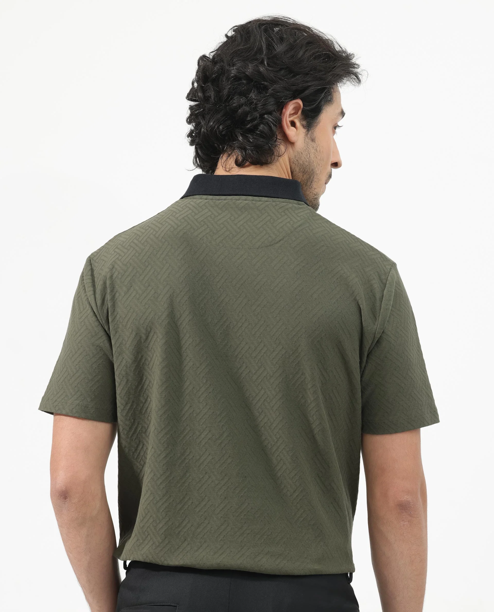 Rare Rabbit Men's State Olive Cotton Jacquard Regular Fit Half Sleeve Polo - Image 9