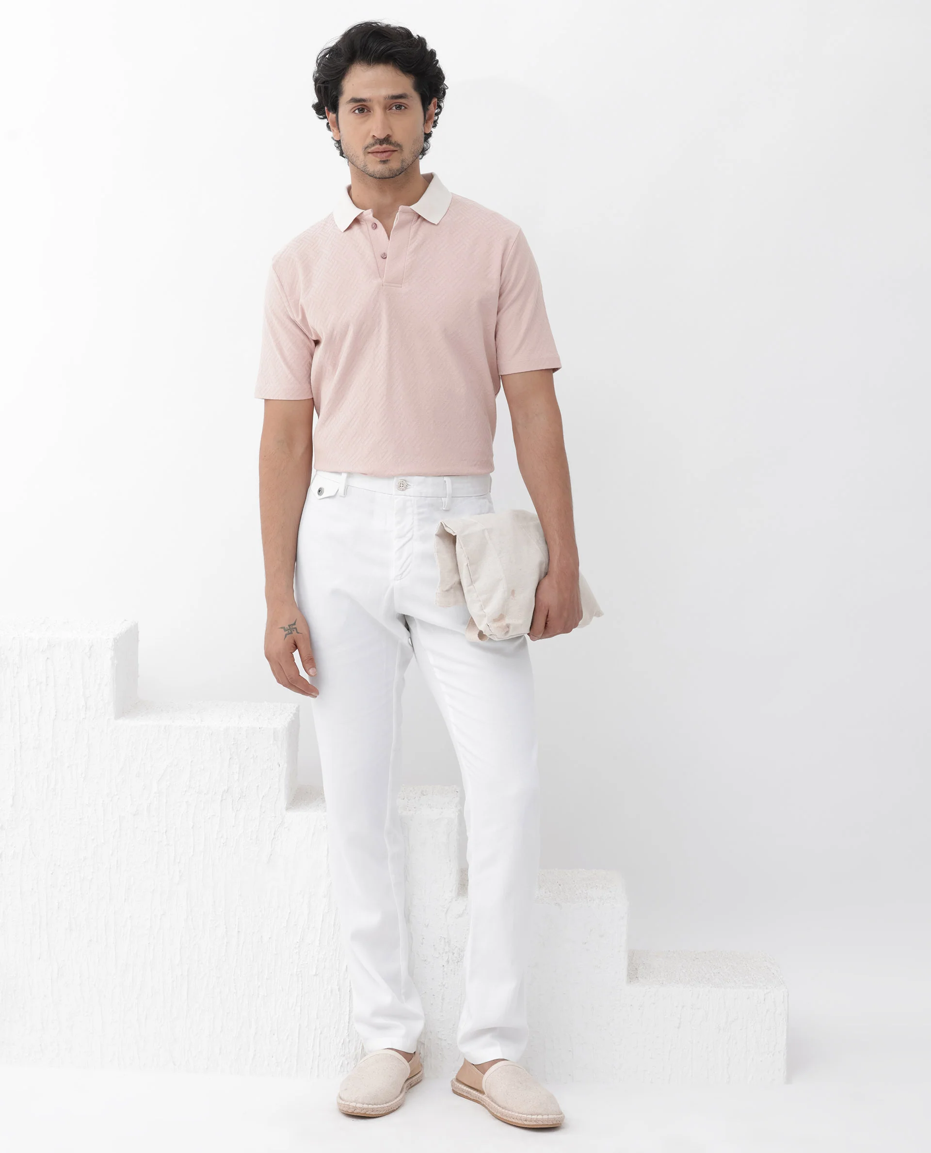 Rare Rabbit Men's State Pastel Pink Cotton Jacquard Regular Fit Half Sleeve Polo - Image 2