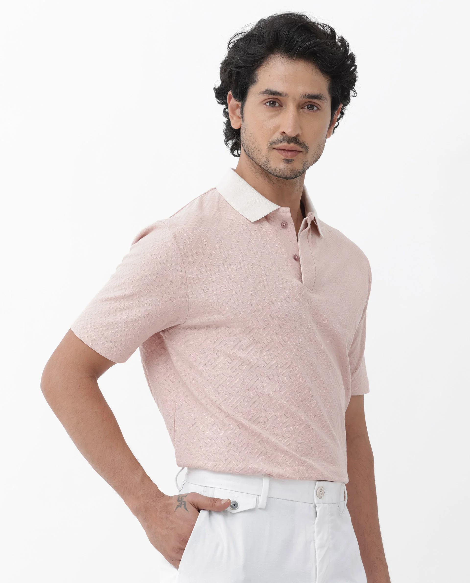 Rare Rabbit Men's State Pastel Pink Cotton Jacquard Regular Fit Half Sleeve Polo - Image 3