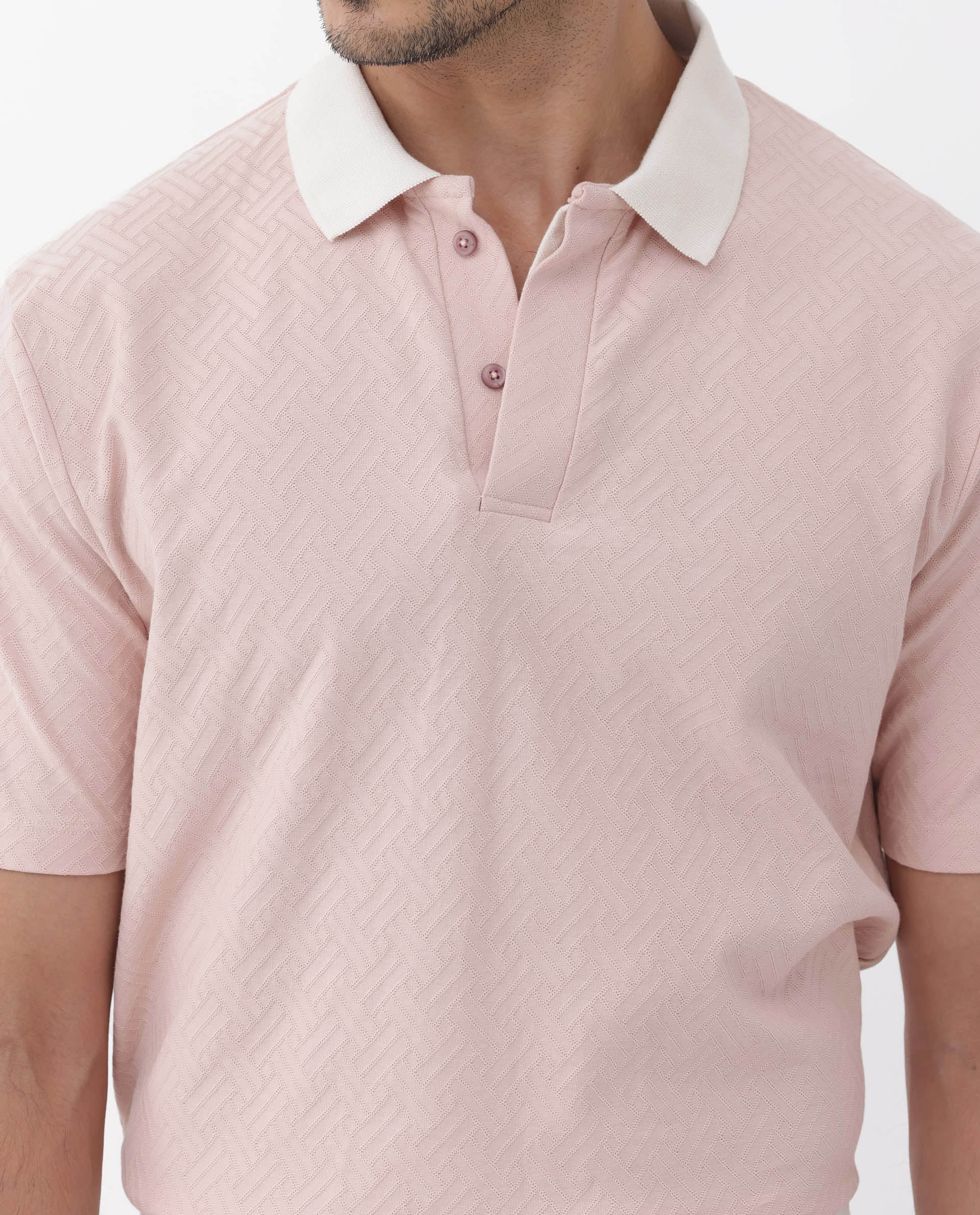 Rare Rabbit Men's State Pastel Pink Cotton Jacquard Regular Fit Half Sleeve Polo - Image 5