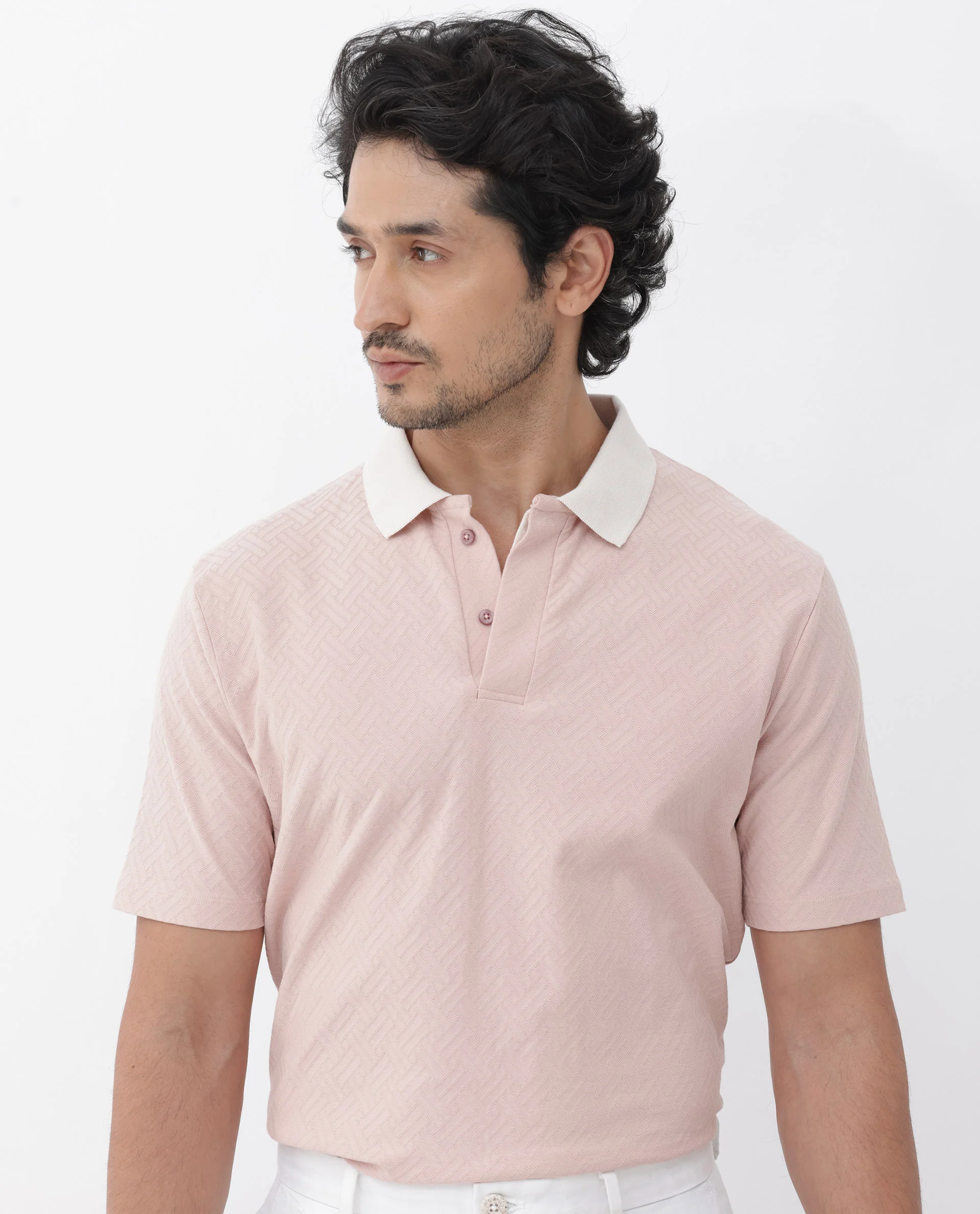Rare Rabbit Men's State Pastel Pink Cotton Jacquard Regular Fit Half Sleeve Polo - Image 6