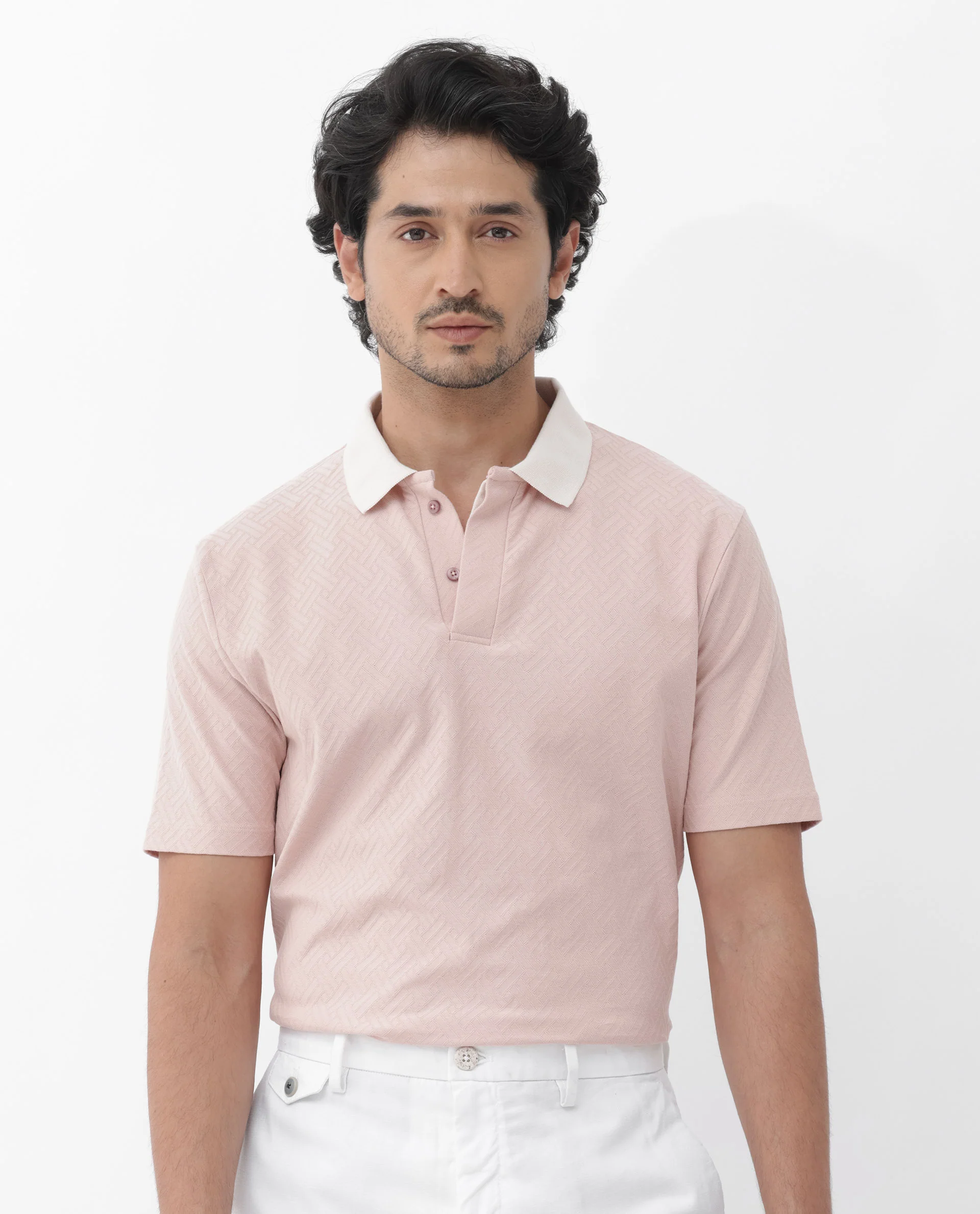 Rare Rabbit Men's State Pastel Pink Cotton Jacquard Regular Fit Half Sleeve Polo - Image 7