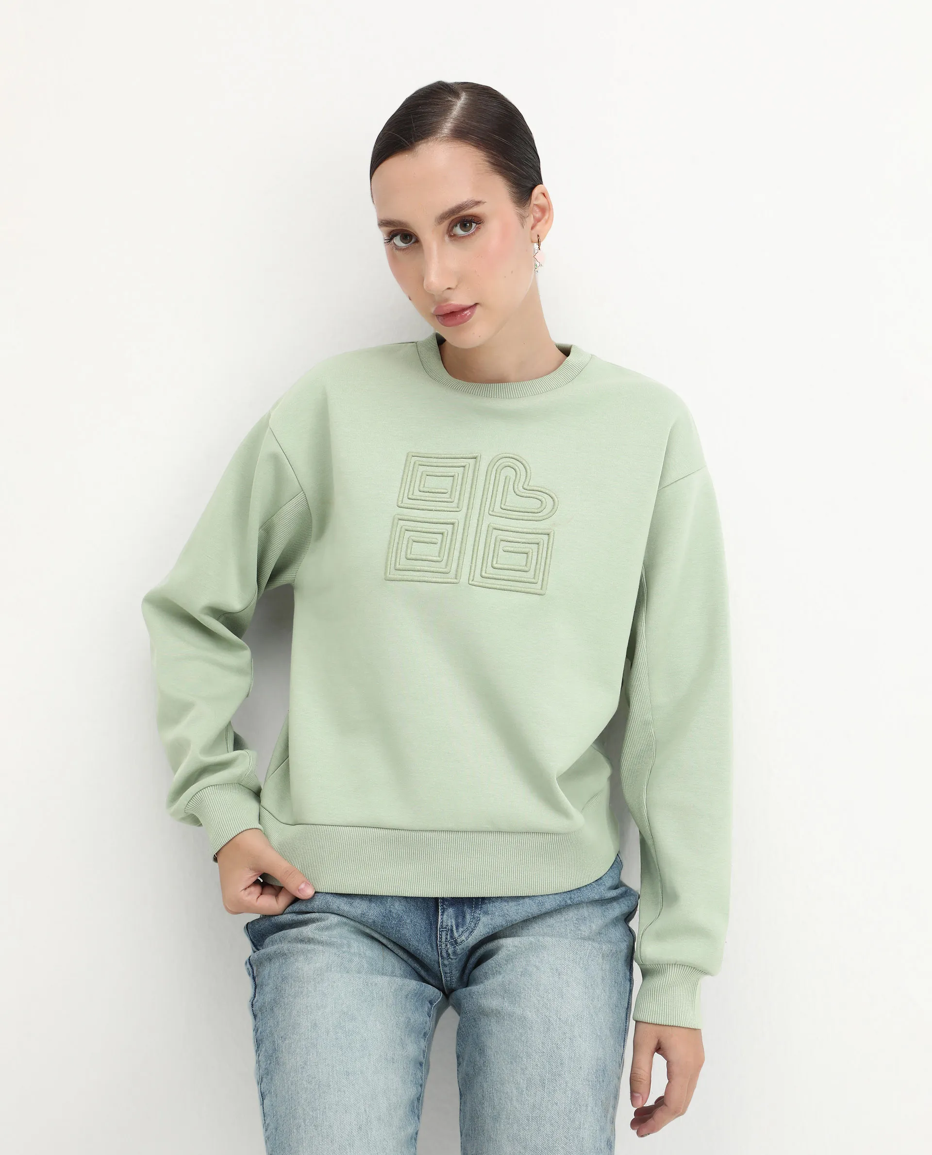Rareism Women's Staz Light Green Cotton Blend Fabric Crew Neck Regular Fit Printed Sweatshirt