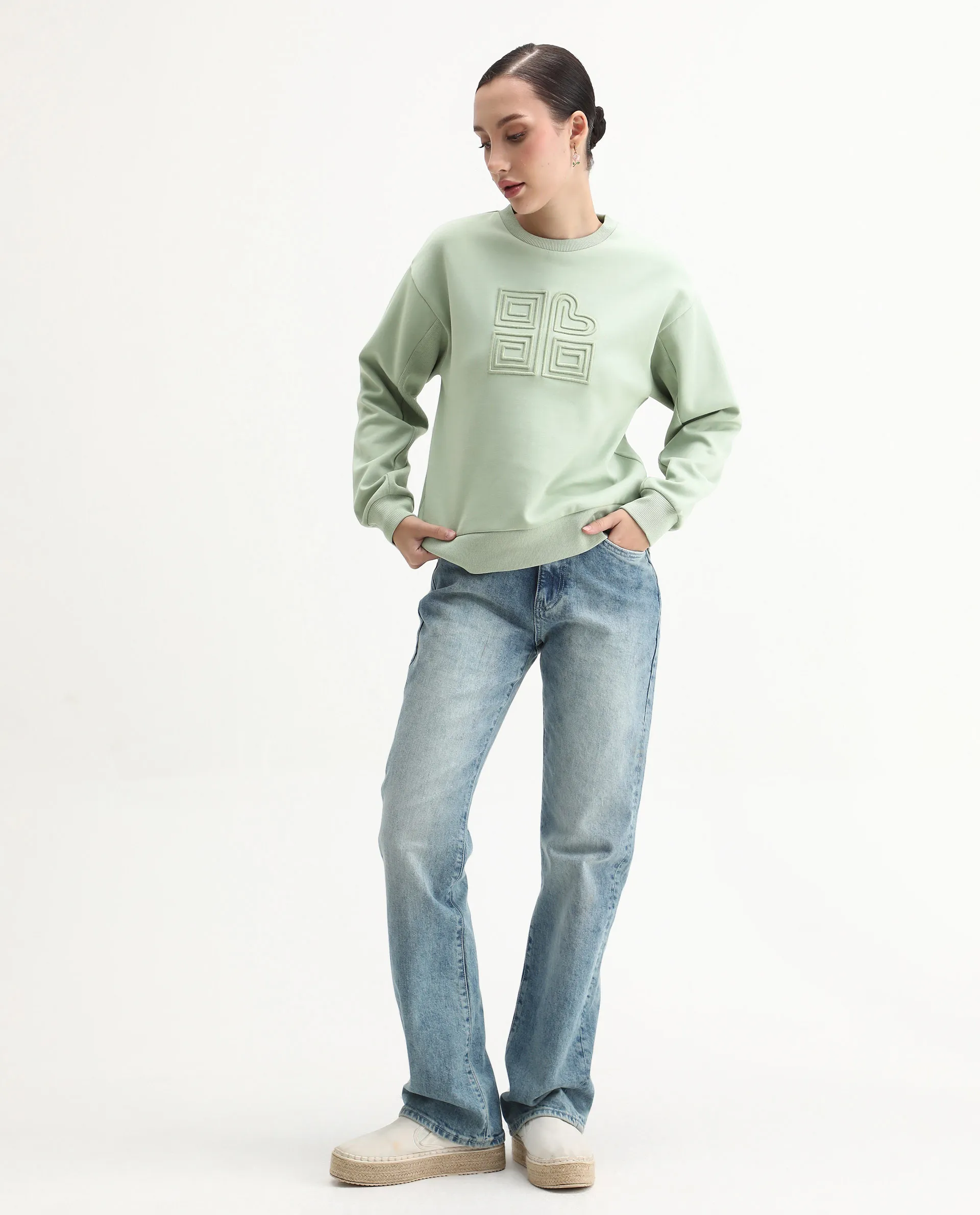 Rareism Women's Staz Light Green Cotton Blend Fabric Crew Neck Regular Fit Printed Sweatshirt - Image 2