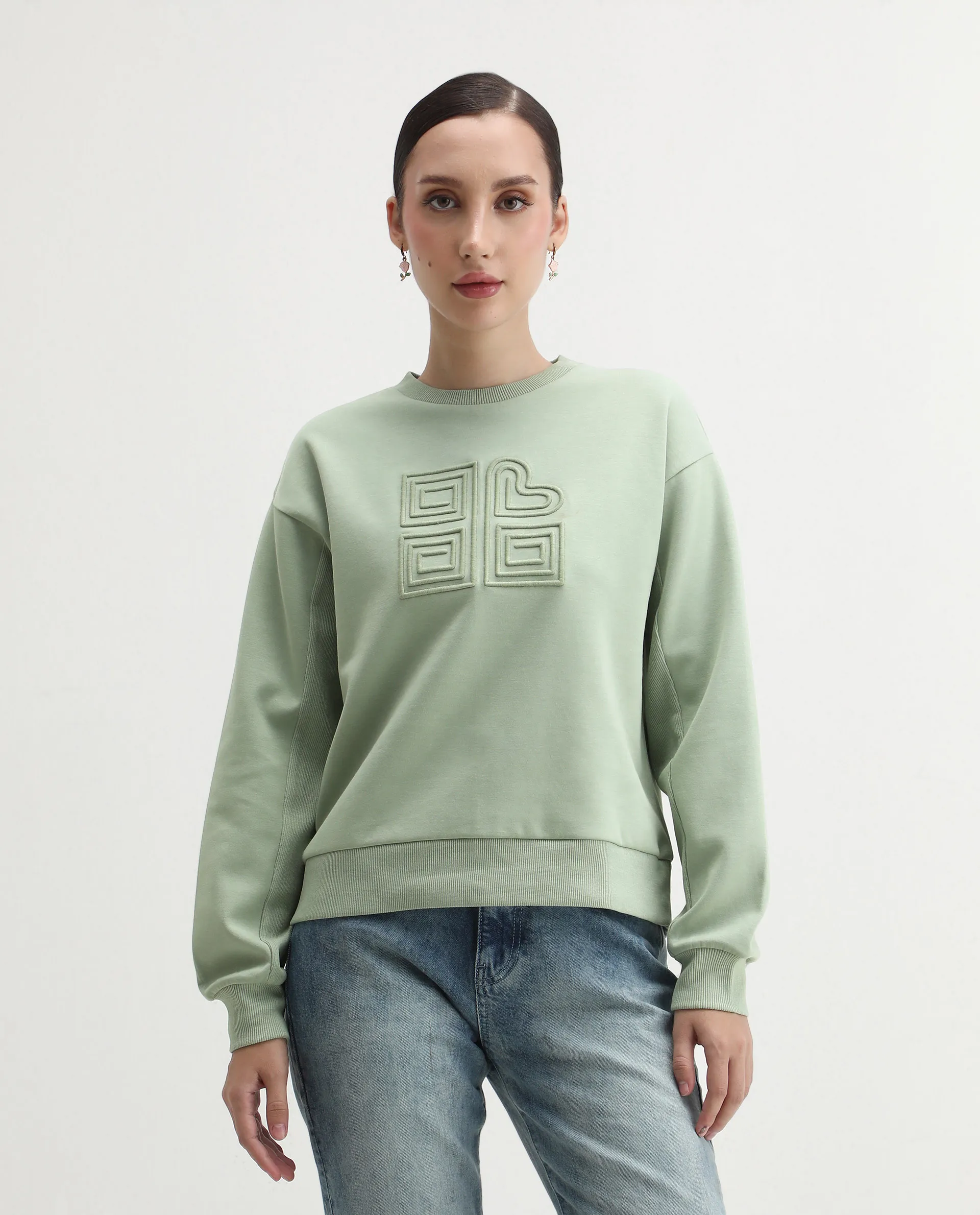 Rareism Women's Staz Light Green Cotton Blend Fabric Crew Neck Regular Fit Printed Sweatshirt - Image 3