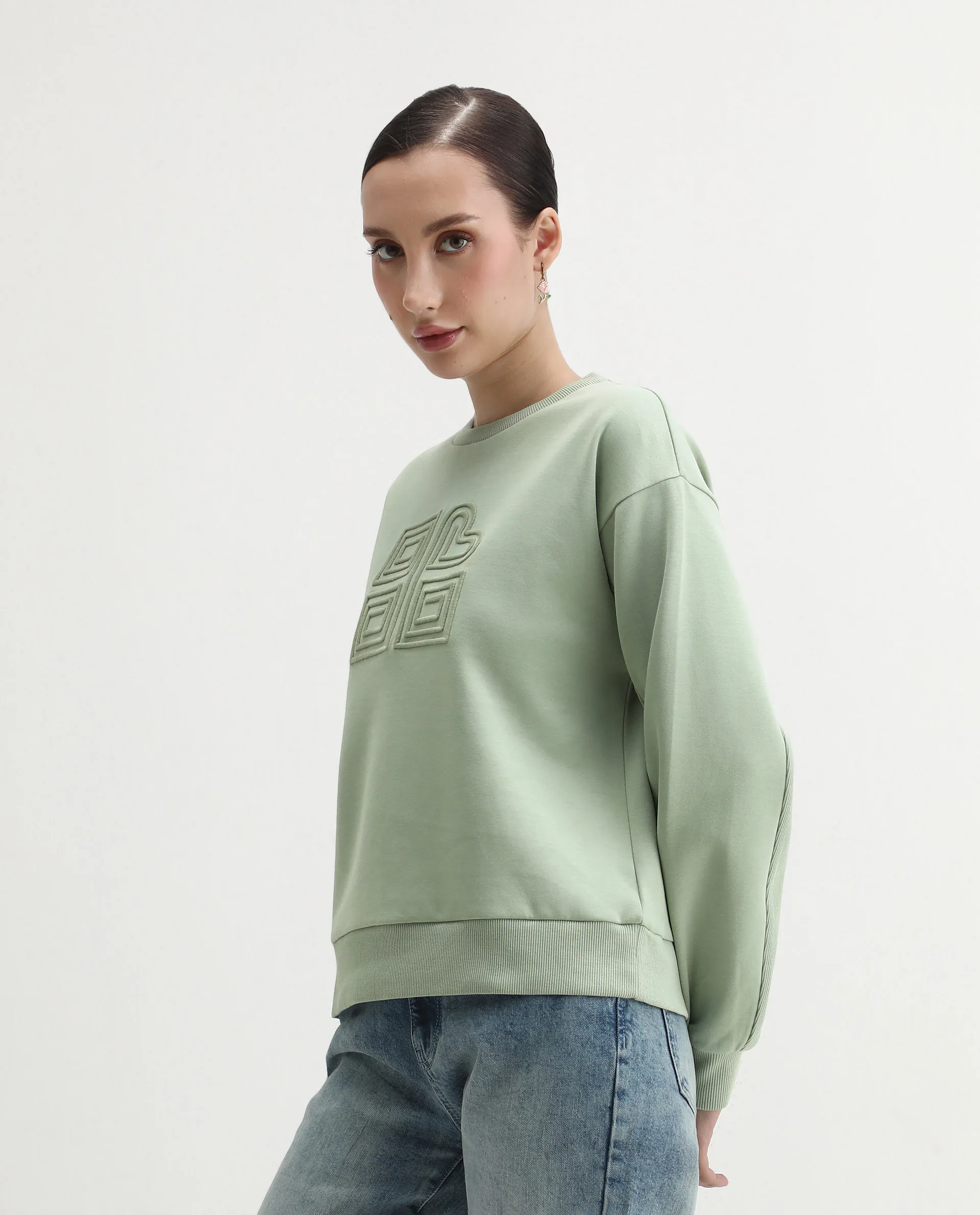 Rareism Women's Staz Light Green Cotton Blend Fabric Crew Neck Regular Fit Printed Sweatshirt - Image 4