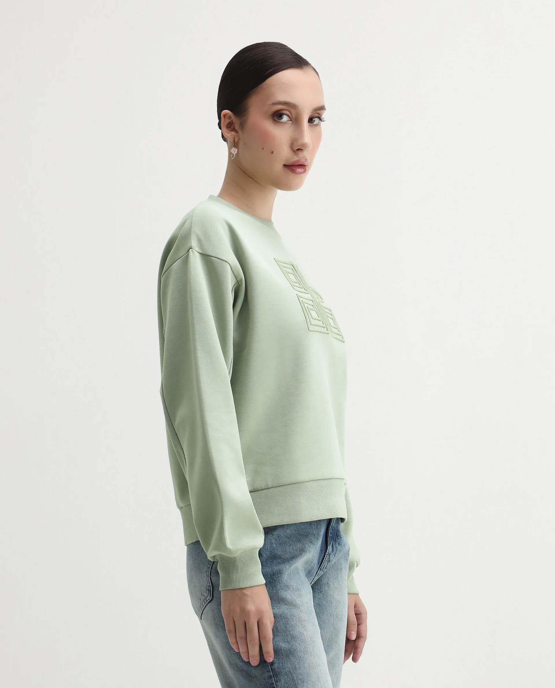 Rareism Women's Staz Light Green Cotton Blend Fabric Crew Neck Regular Fit Printed Sweatshirt - Image 5