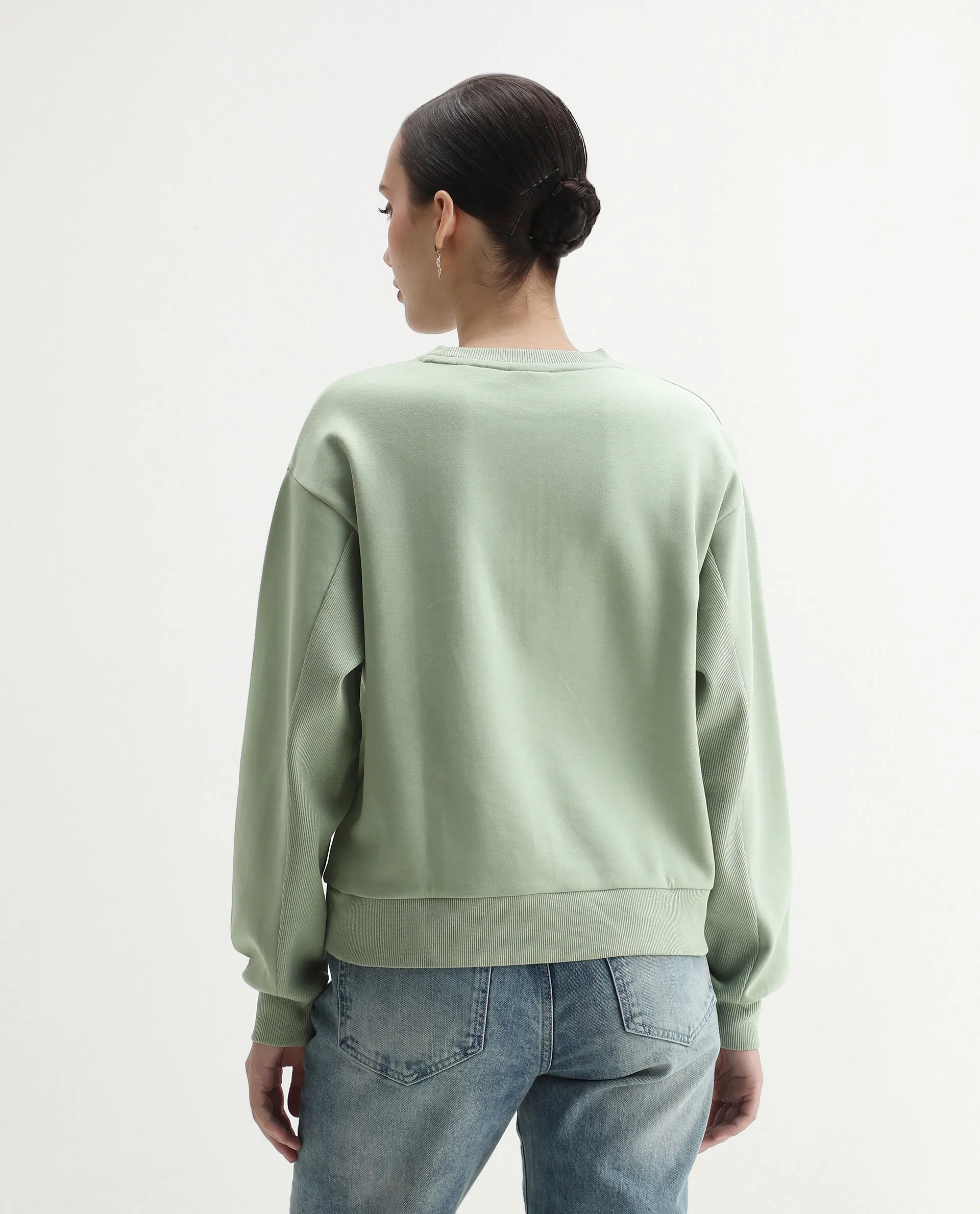 Rareism Women's Staz Light Green Cotton Blend Fabric Crew Neck Regular Fit Printed Sweatshirt - Image 6