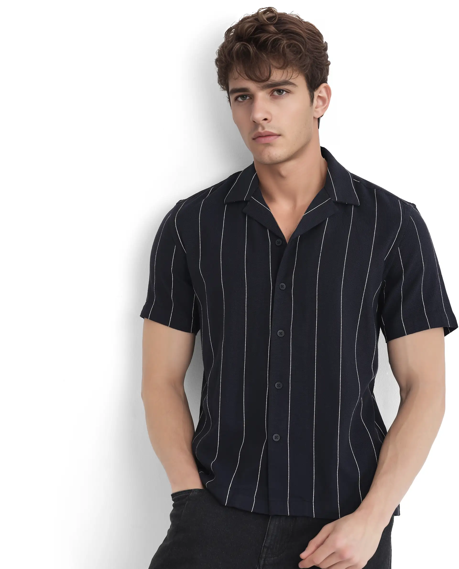 Rare Rabbit Men's Ste Navy Viscose Blend Striped Print Boxy Fit Half Sleeve Cuban Collar Shirt