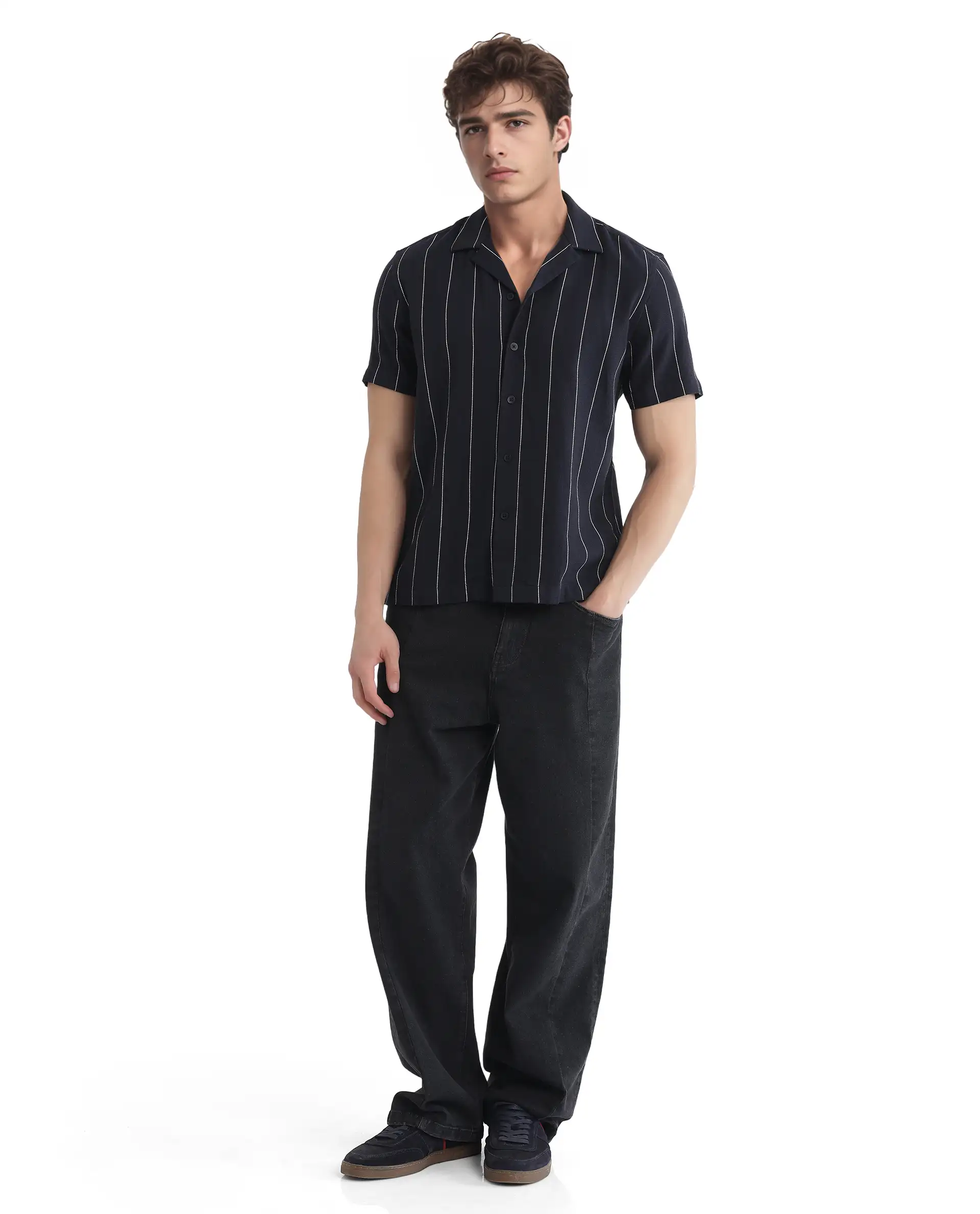 Rare Rabbit Men's Ste Navy Viscose Blend Striped Print Boxy Fit Half Sleeve Cuban Collar Shirt - Image 2