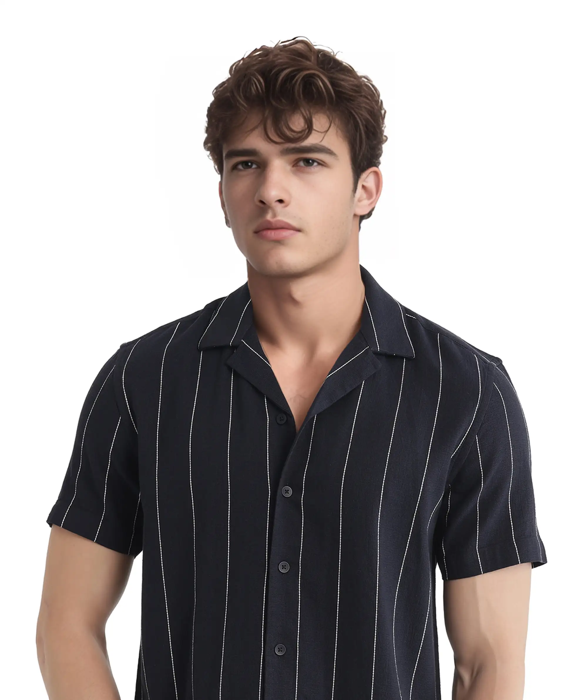 Rare Rabbit Men's Ste Navy Viscose Blend Striped Print Boxy Fit Half Sleeve Cuban Collar Shirt - Image 3
