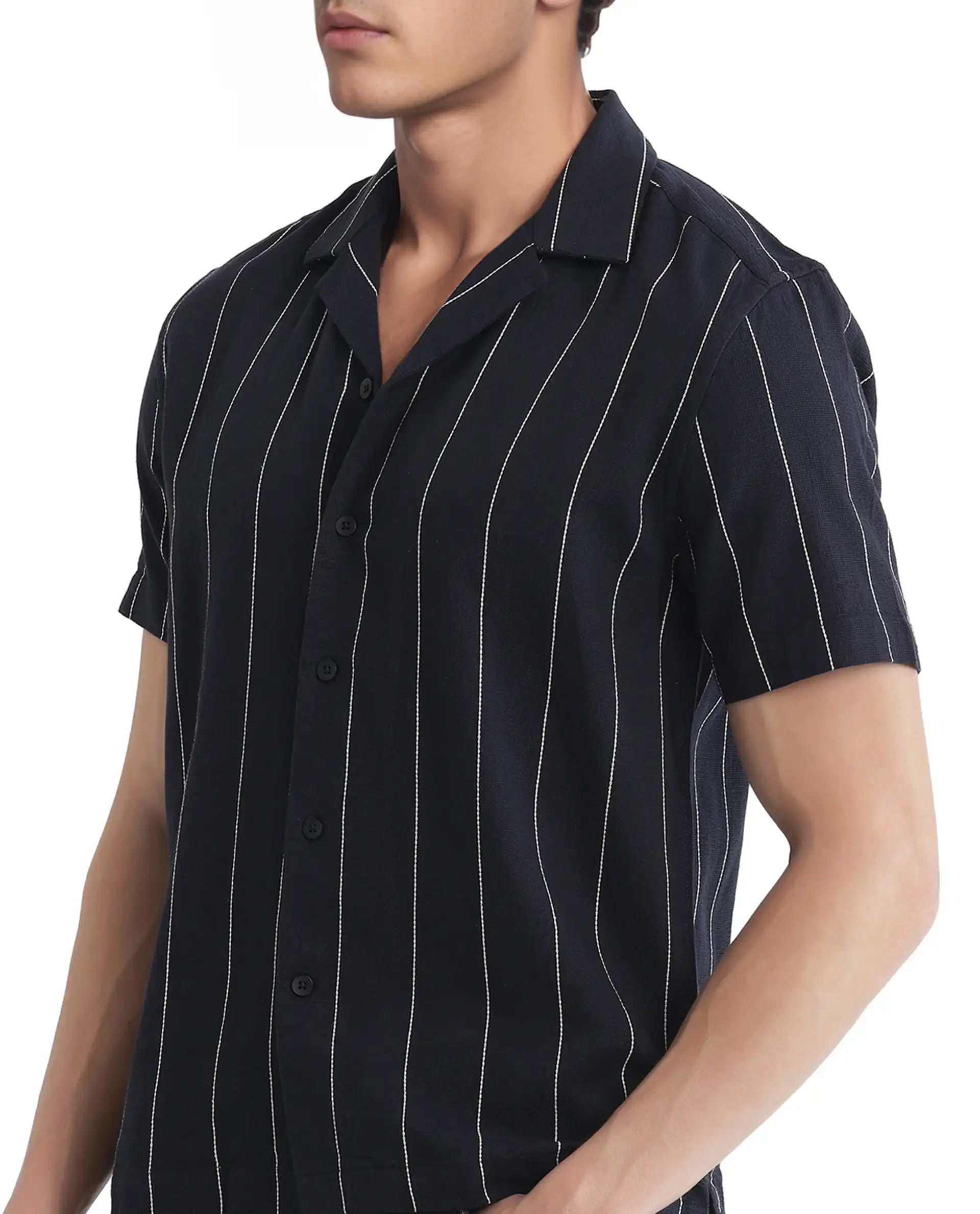 Rare Rabbit Men's Ste Navy Viscose Blend Striped Print Boxy Fit Half Sleeve Cuban Collar Shirt - Image 4