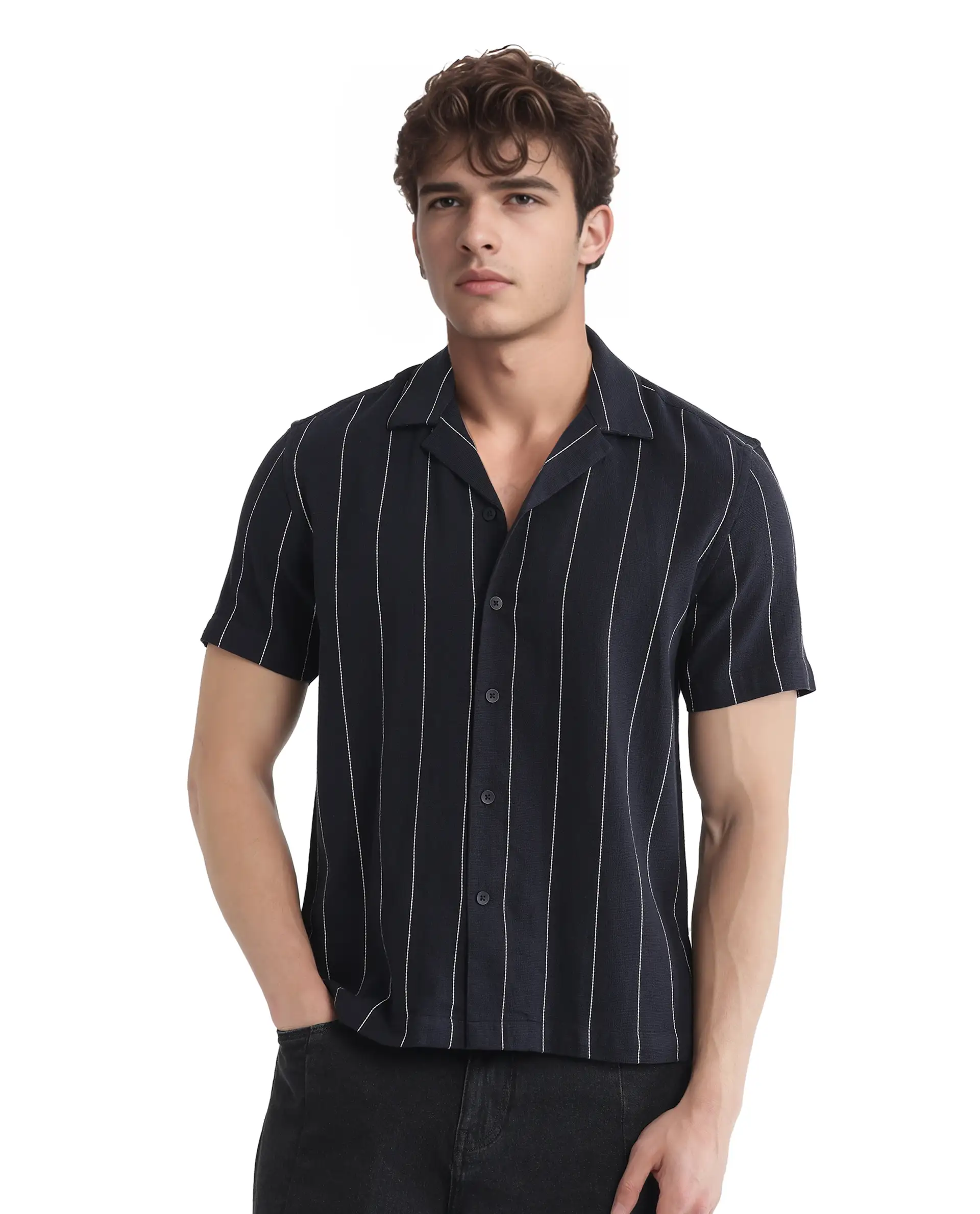 Rare Rabbit Men's Ste Navy Viscose Blend Striped Print Boxy Fit Half Sleeve Cuban Collar Shirt - Image 5