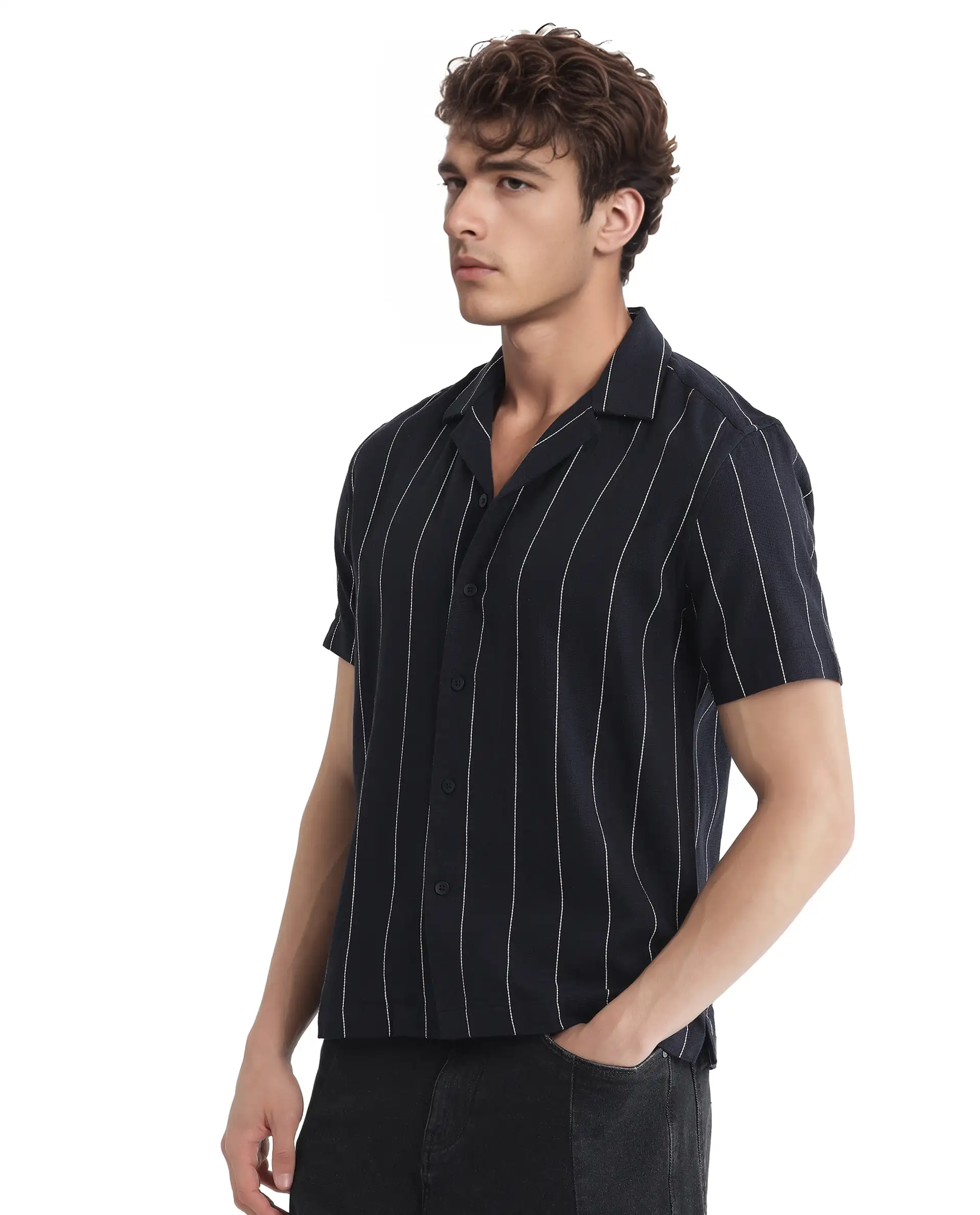 Rare Rabbit Men's Ste Navy Viscose Blend Striped Print Boxy Fit Half Sleeve Cuban Collar Shirt - Image 6