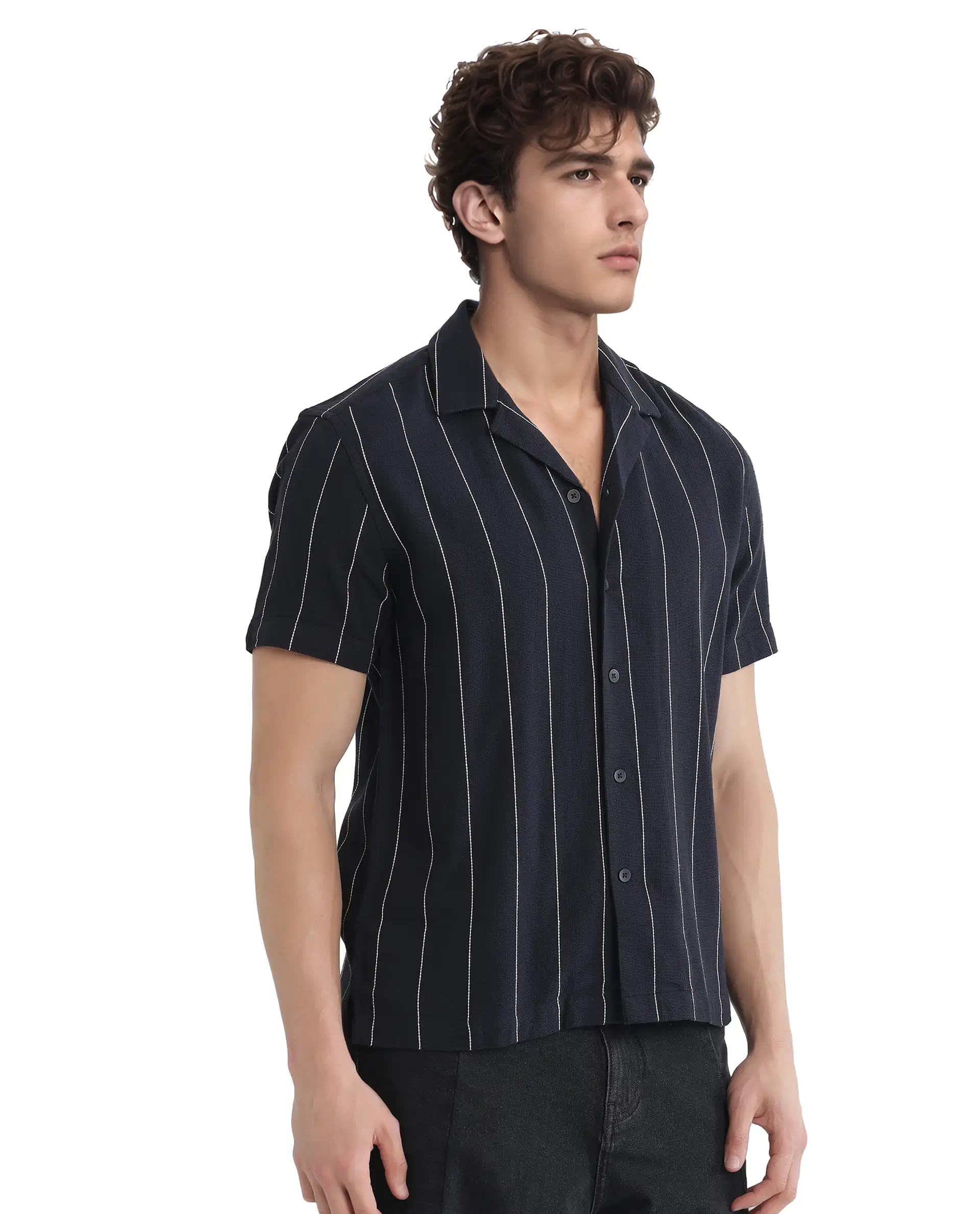 Rare Rabbit Men's Ste Navy Viscose Blend Striped Print Boxy Fit Half Sleeve Cuban Collar Shirt - Image 7