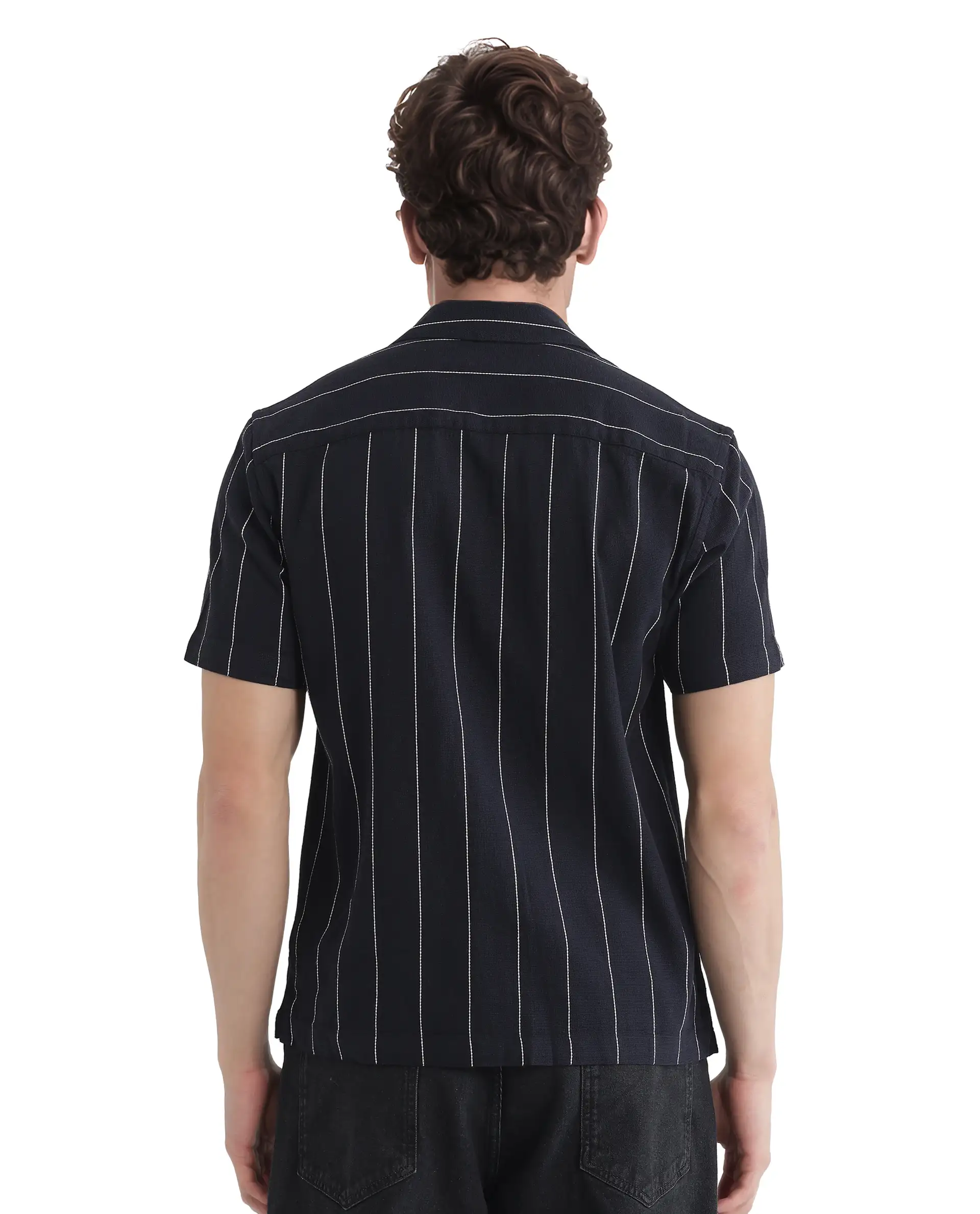 Rare Rabbit Men's Ste Navy Viscose Blend Striped Print Boxy Fit Half Sleeve Cuban Collar Shirt - Image 8