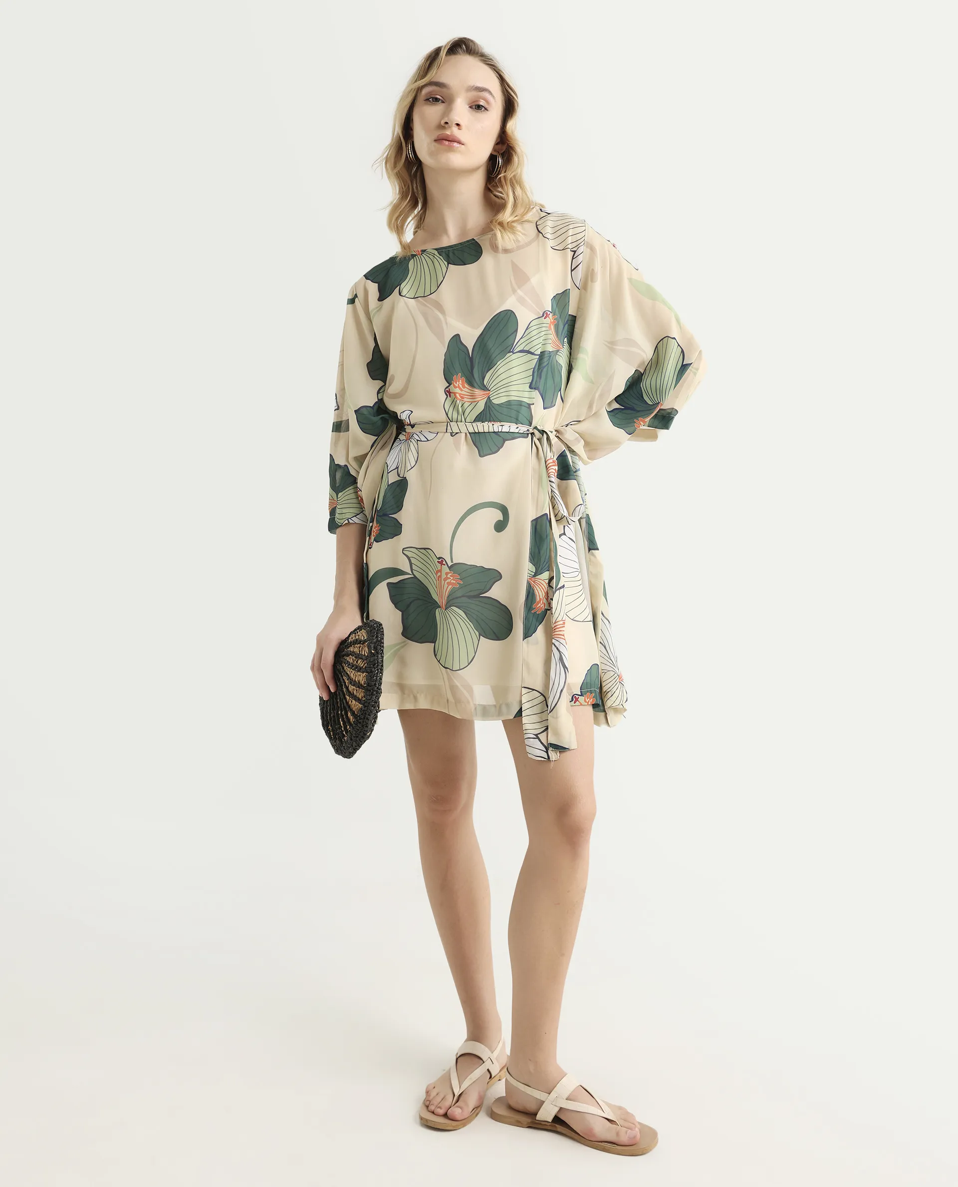 Rareism Women's Steevi Offwhite Boat Neck Abstract Print Flared Sleeve Knee Length Regular Fit Dress - Image 2