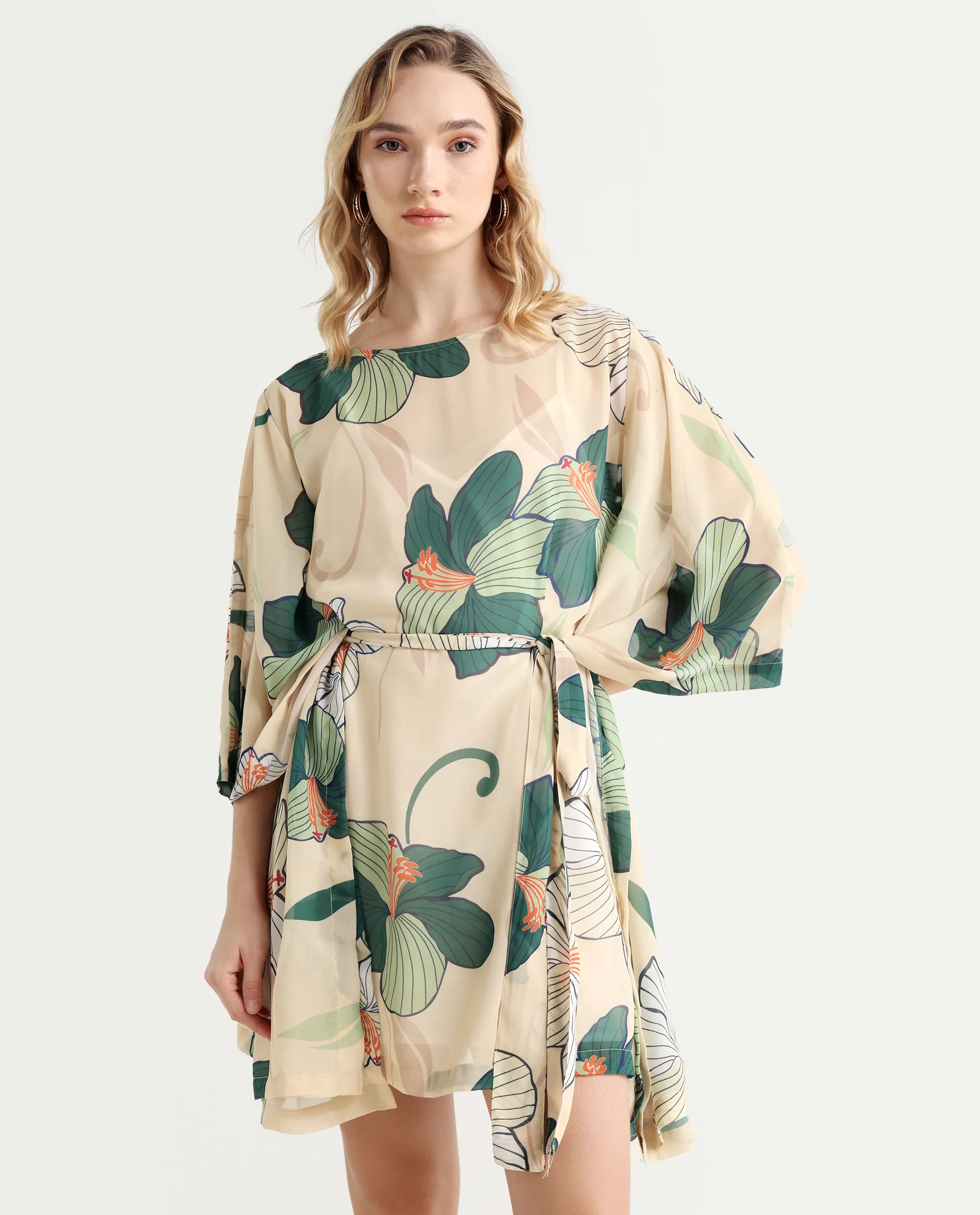 Rareism Women's Steevi Offwhite Boat Neck Abstract Print Flared Sleeve Knee Length Regular Fit Dress - Image 3