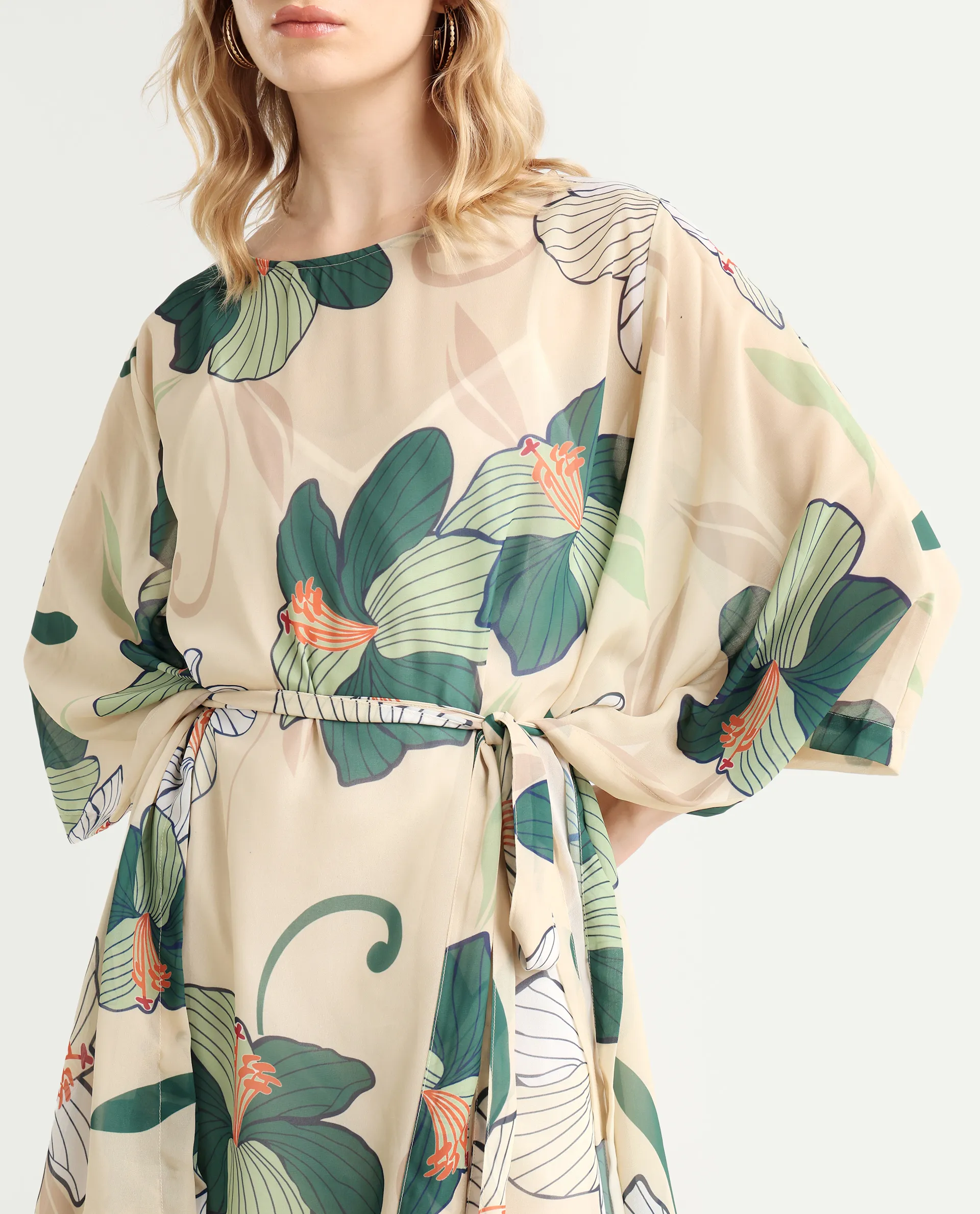 Rareism Women's Steevi Offwhite Boat Neck Abstract Print Flared Sleeve Knee Length Regular Fit Dress - Image 5
