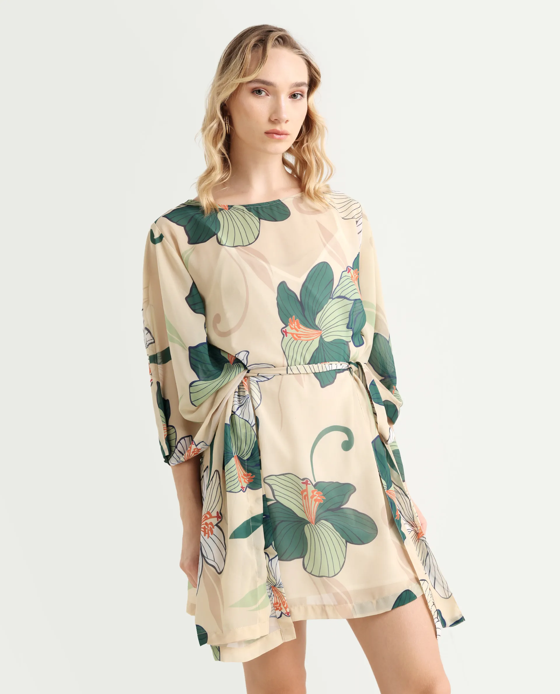 Rareism Women's Steevi Offwhite Boat Neck Abstract Print Flared Sleeve Knee Length Regular Fit Dress - Image 6