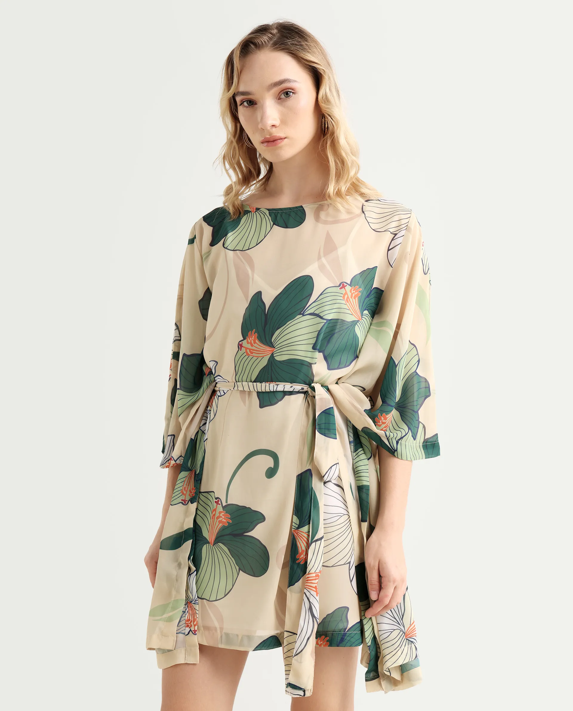 Rareism Women's Steevi Offwhite Boat Neck Abstract Print Flared Sleeve Knee Length Regular Fit Dress - Image 7