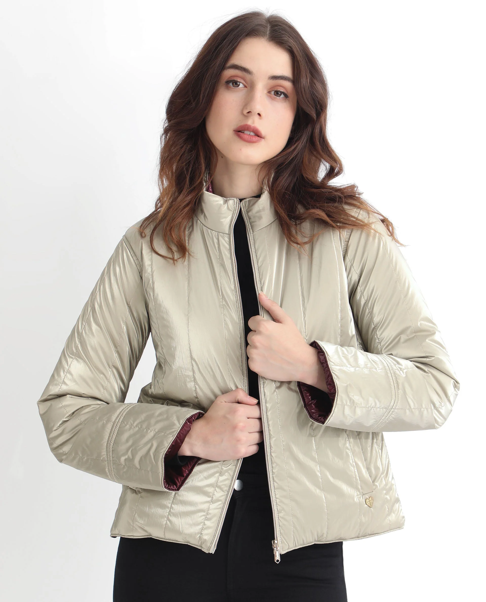 Rareism Women's Stein Gold Polyester Mandarin Collar Plain Regular Fit Jacket - Image 14