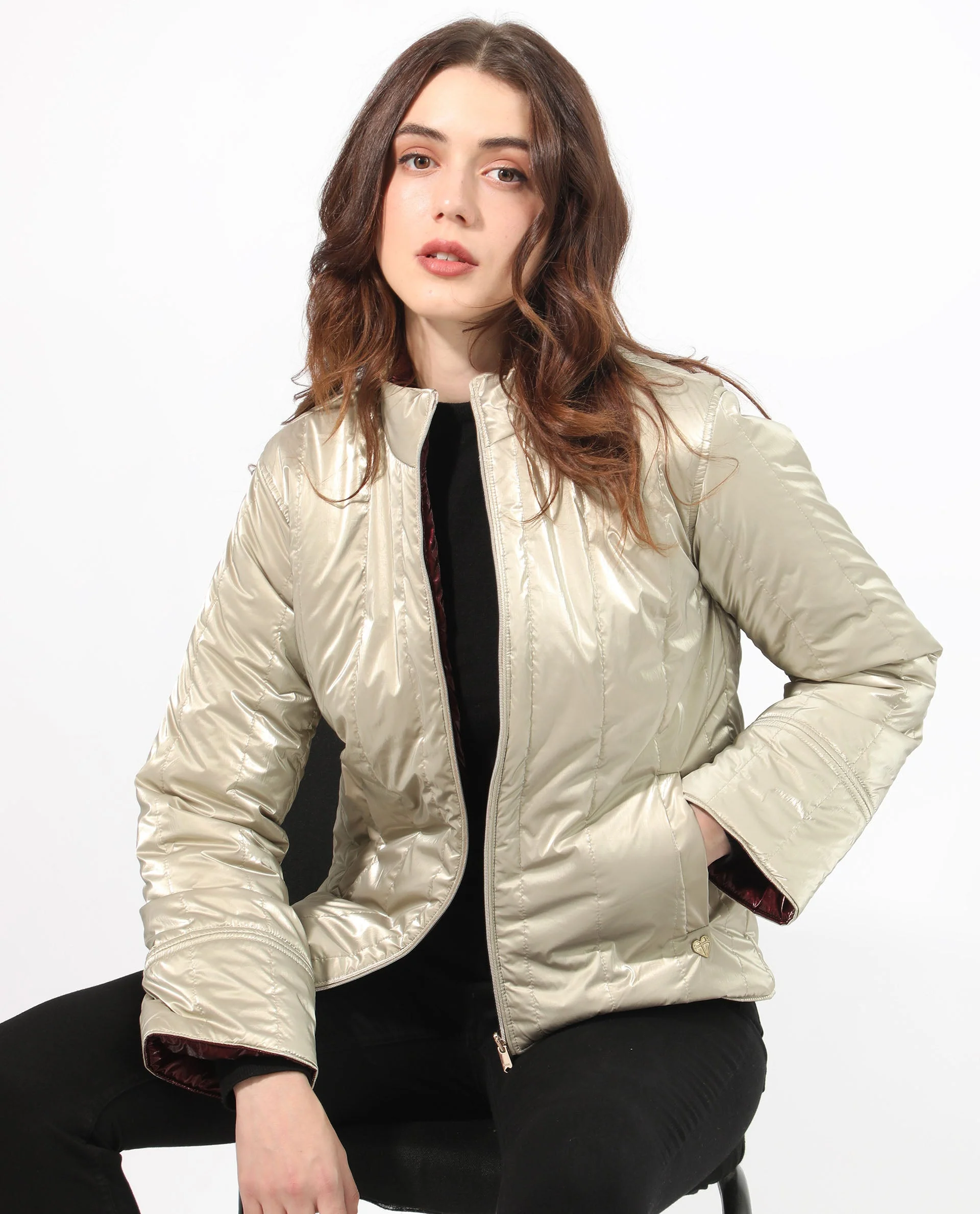 Rareism Women's Stein Gold Polyester Mandarin Collar Plain Regular Fit Jacket - Image 2