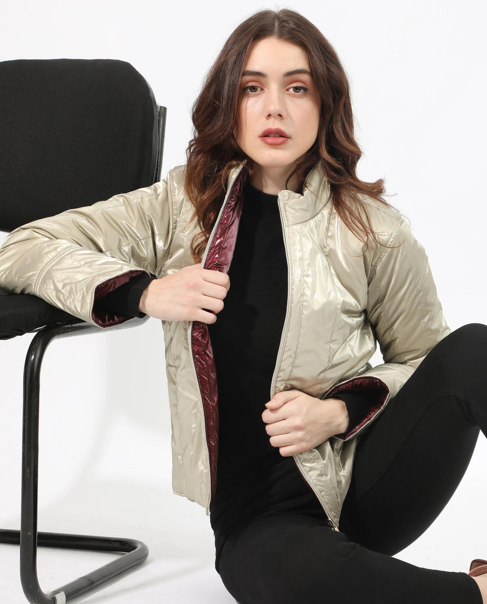 Rareism Women's Stein Gold Polyester Mandarin Collar Plain Regular Fit Jacket - Image 3