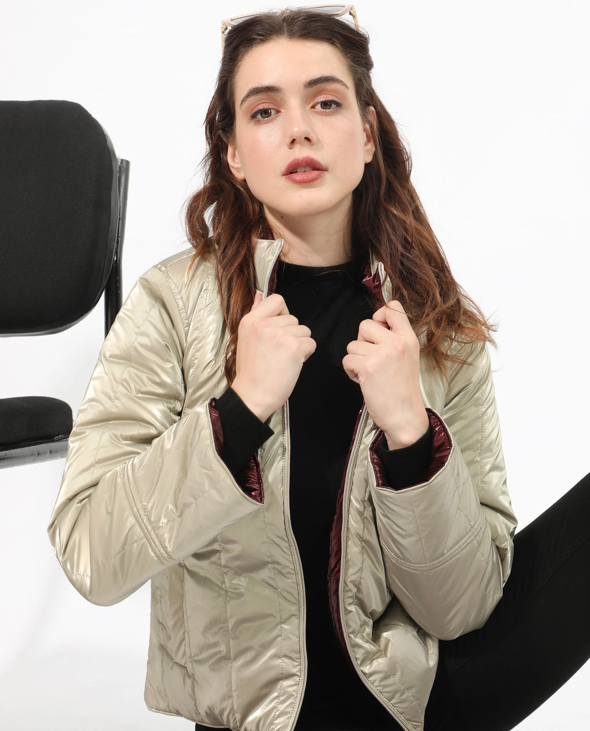 Rareism Women's Stein Gold Polyester Mandarin Collar Plain Regular Fit Jacket - Image 4