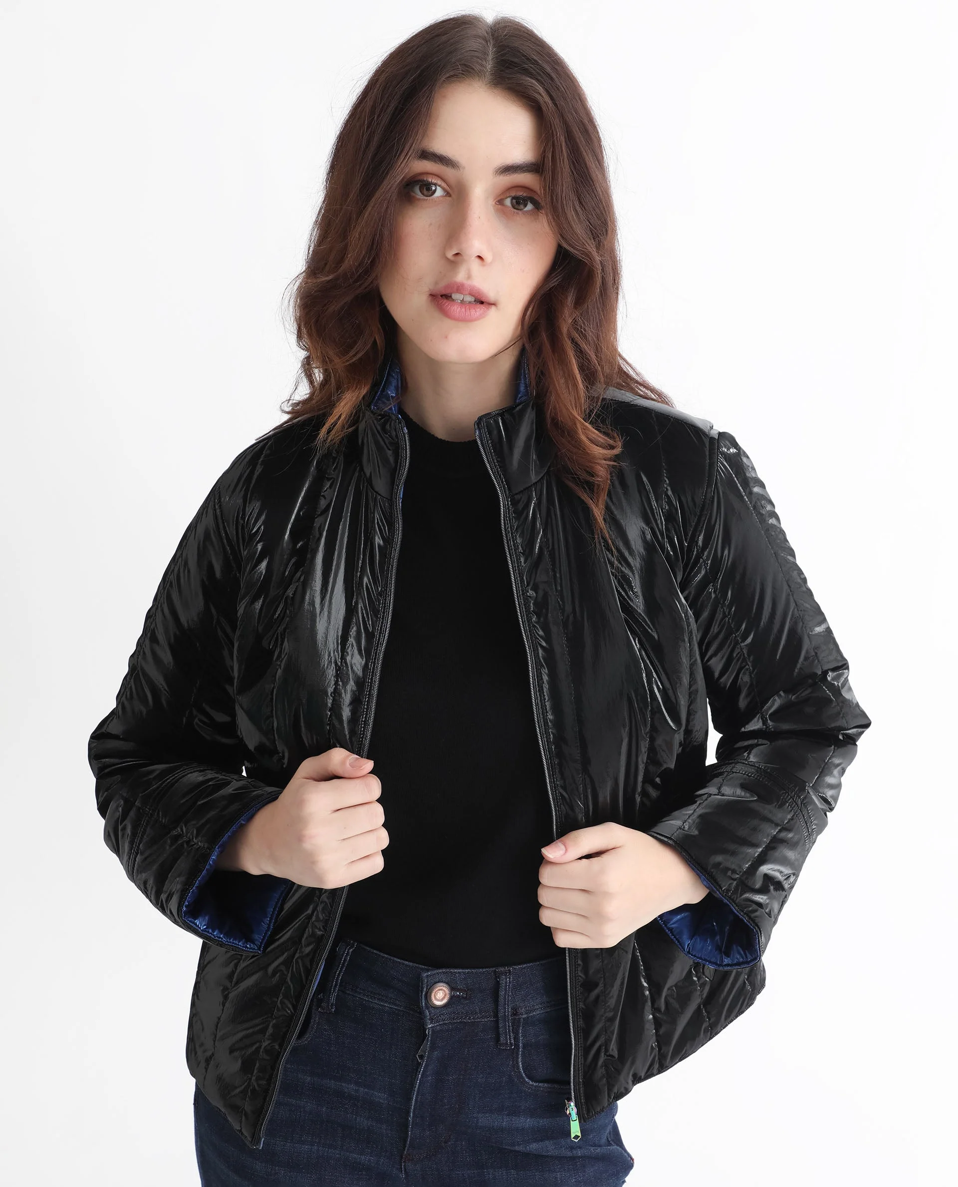 Rareism Women's Stein Navy Polyester Mandarin Collar Plain Regular Fit Jacket - Image 10
