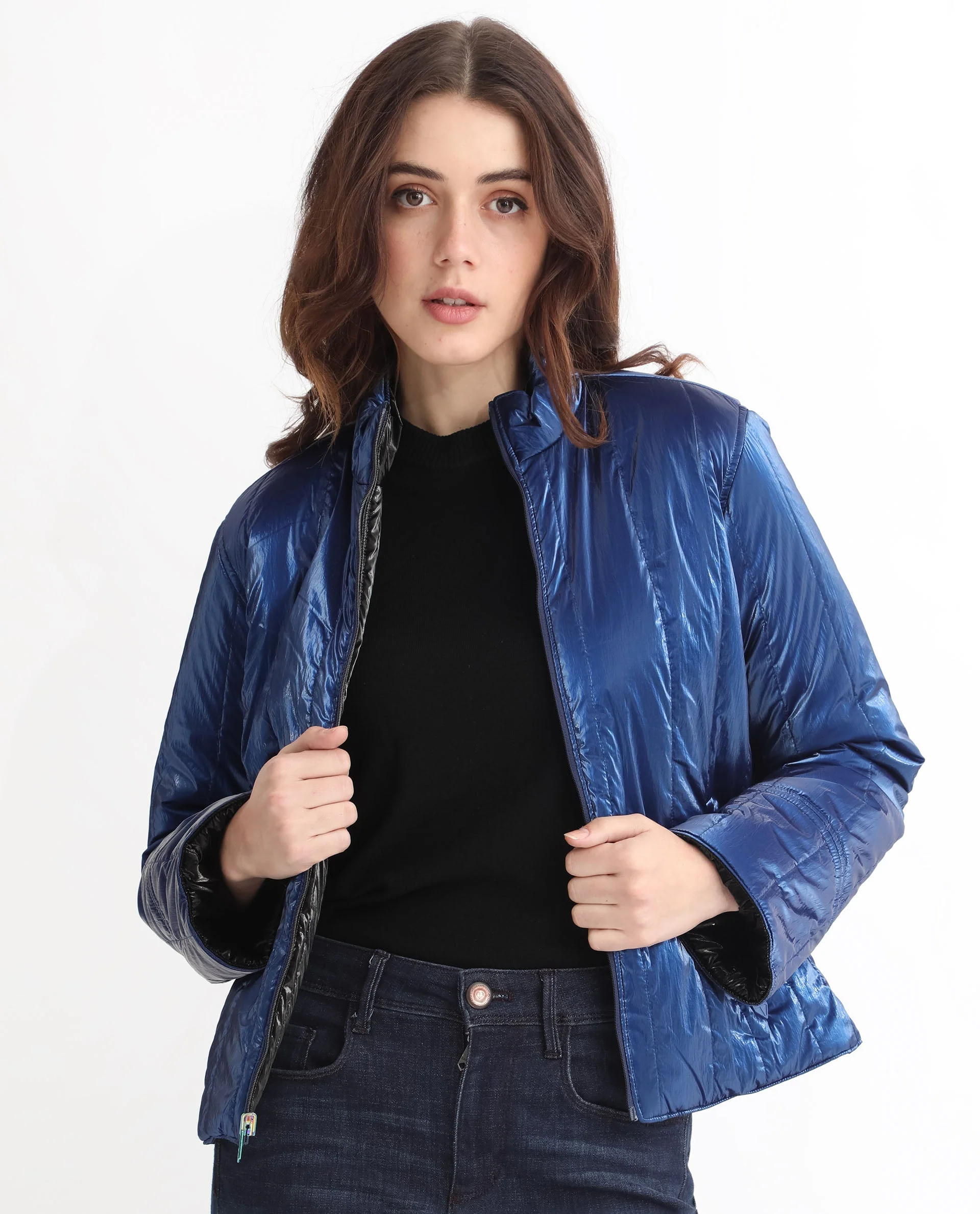 Rareism Women's Stein Navy Polyester Mandarin Collar Plain Regular Fit Jacket - Image 2