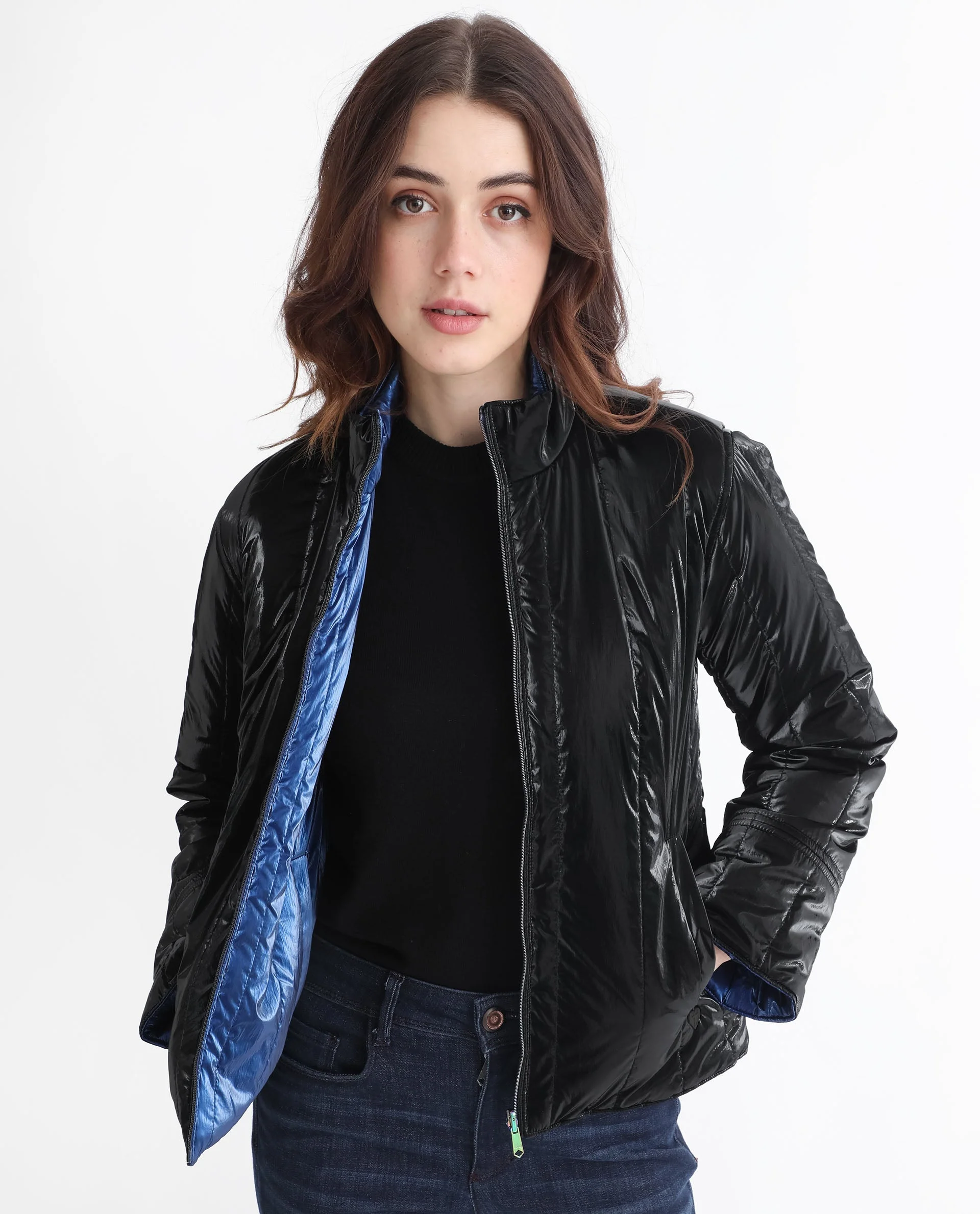 Rareism Women's Stein Navy Polyester Mandarin Collar Plain Regular Fit Jacket - Image 3
