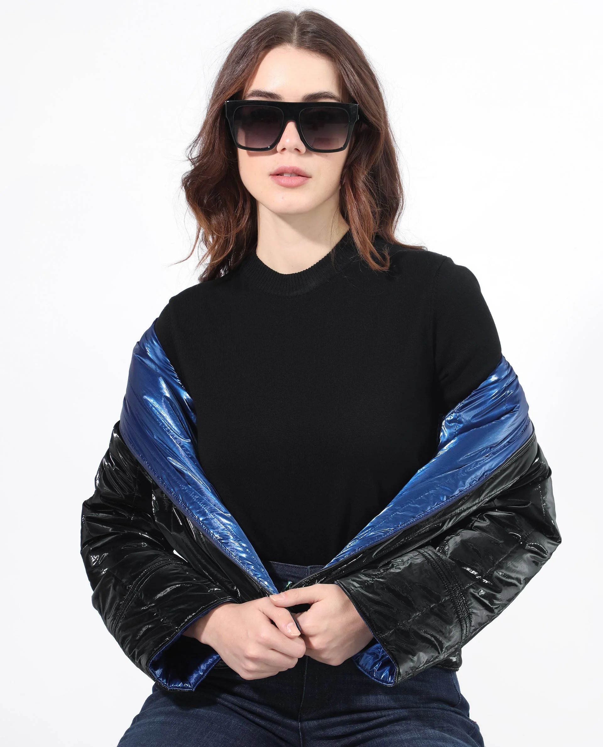 Rareism Women's Stein Navy Polyester Mandarin Collar Plain Regular Fit Jacket - Image 4
