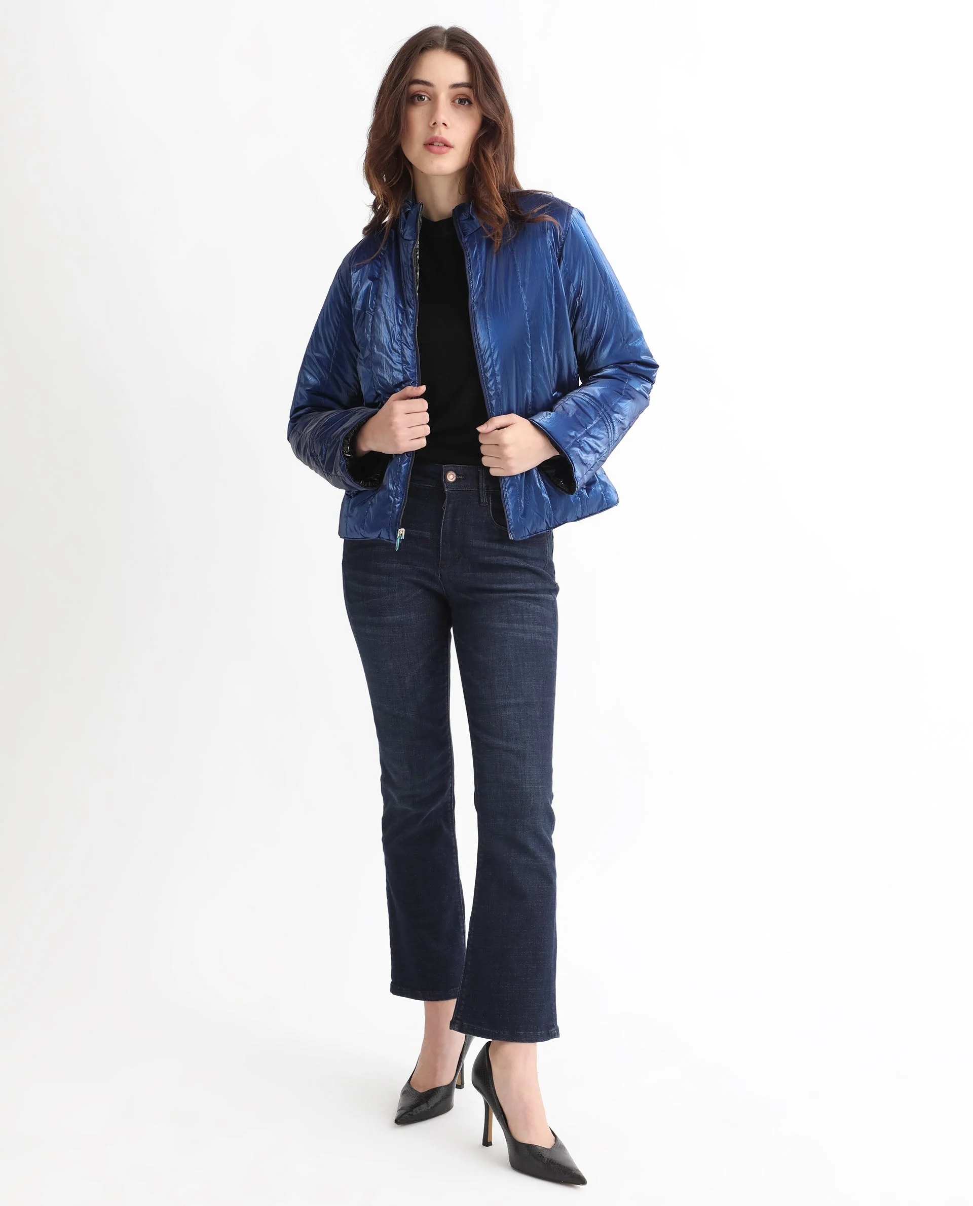 Rareism Women's Stein Navy Polyester Mandarin Collar Plain Regular Fit Jacket - Image 5