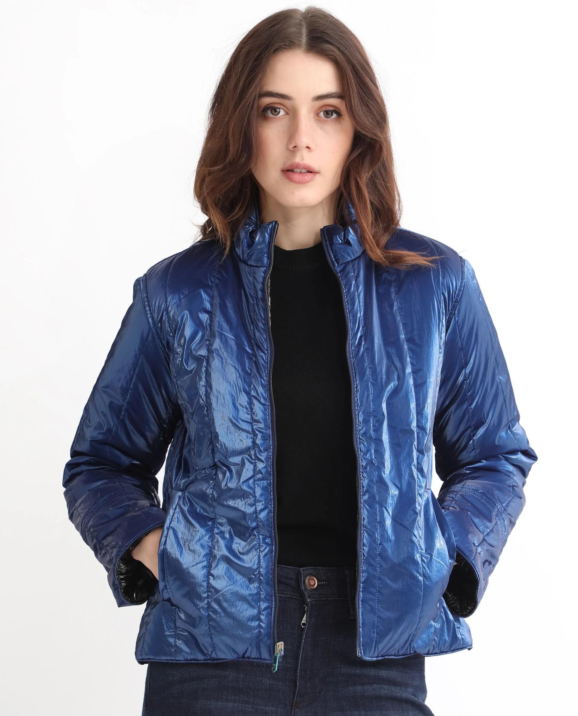 Rareism Women's Stein Navy Polyester Mandarin Collar Plain Regular Fit Jacket - Image 6