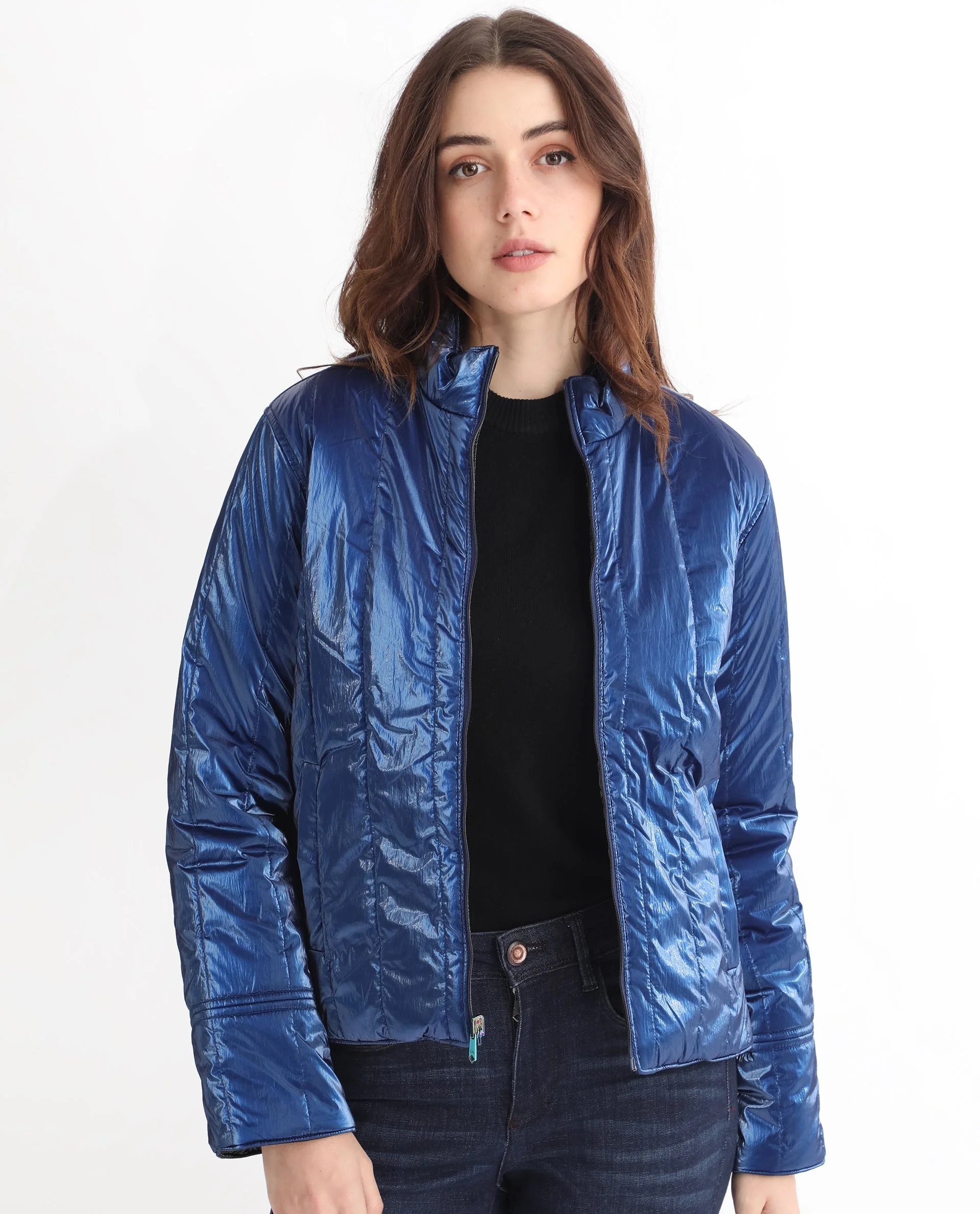 Rareism Women's Stein Navy Polyester Mandarin Collar Plain Regular Fit Jacket - Image 7
