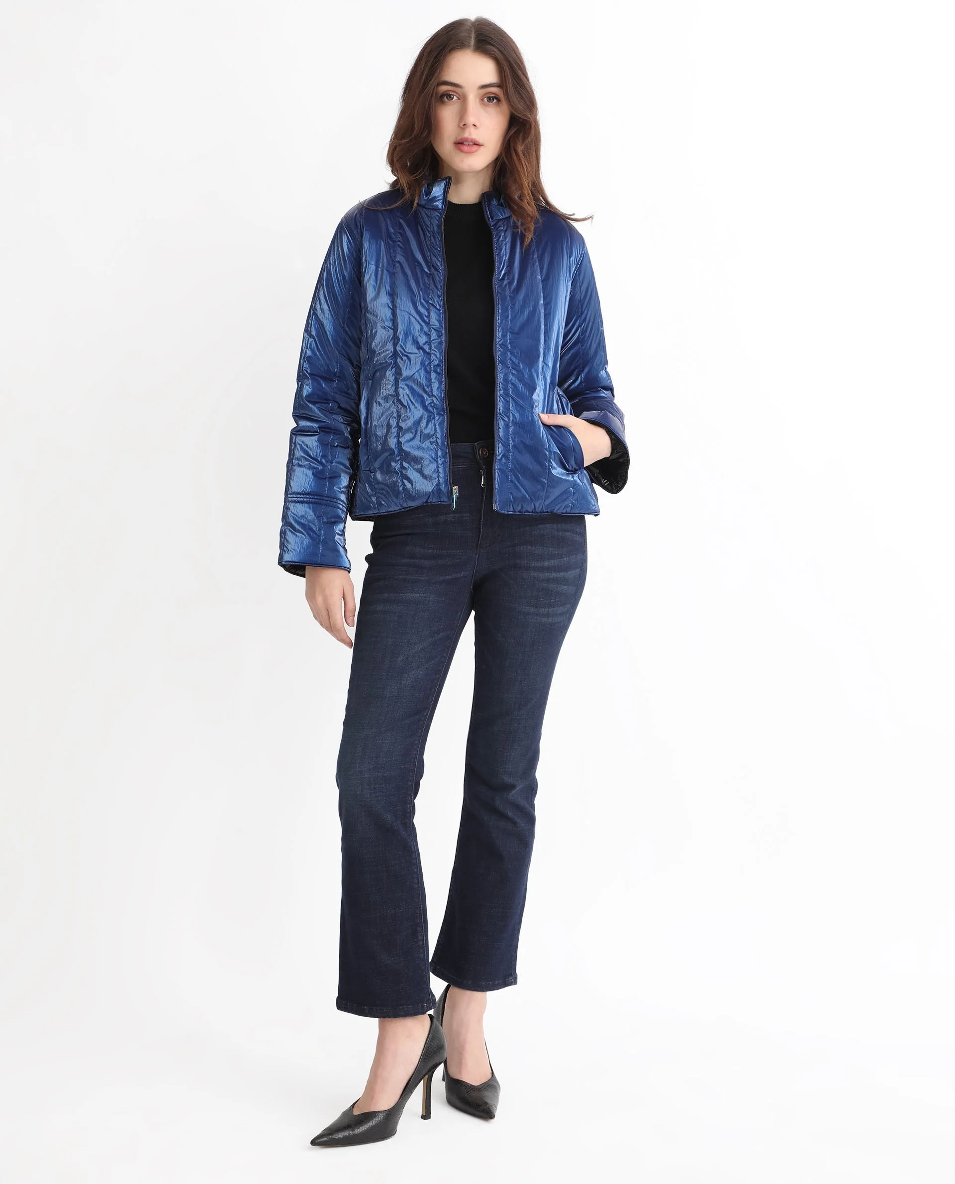 Rareism Women's Stein Navy Polyester Mandarin Collar Plain Regular Fit Jacket - Image 8
