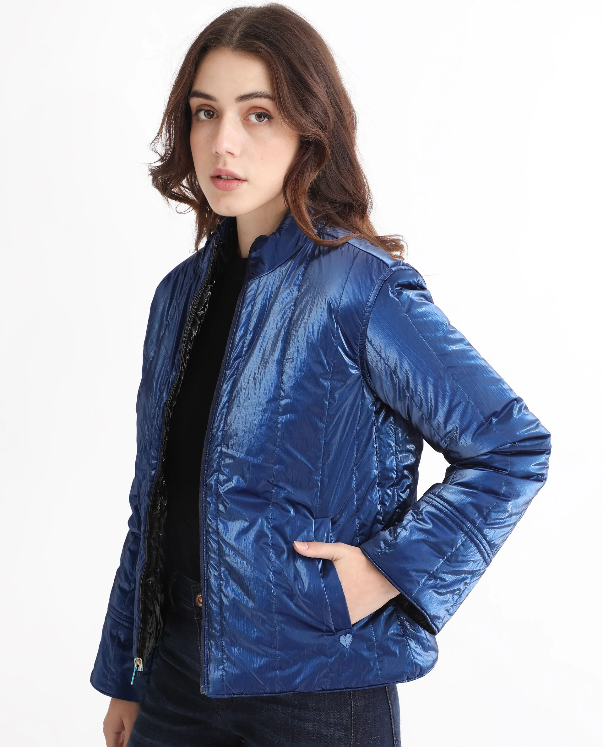 Rareism Women's Stein Navy Polyester Mandarin Collar Plain Regular Fit Jacket - Image 9