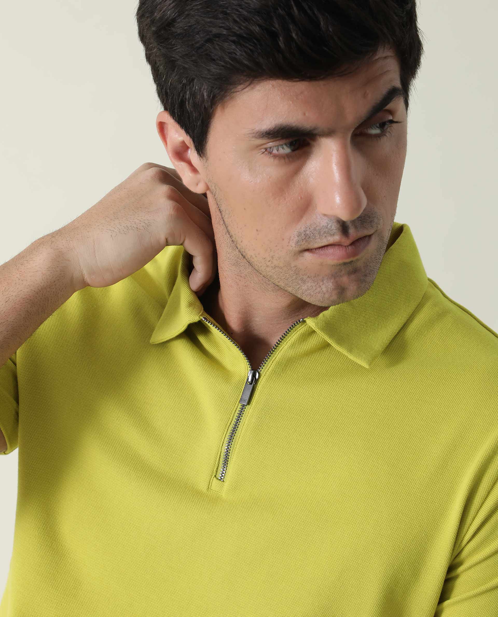 Rare Rabbit Men's Stel Fluorecent Yellow Cotton Plain Regular Fit Half Sleeve Polo - Image 14