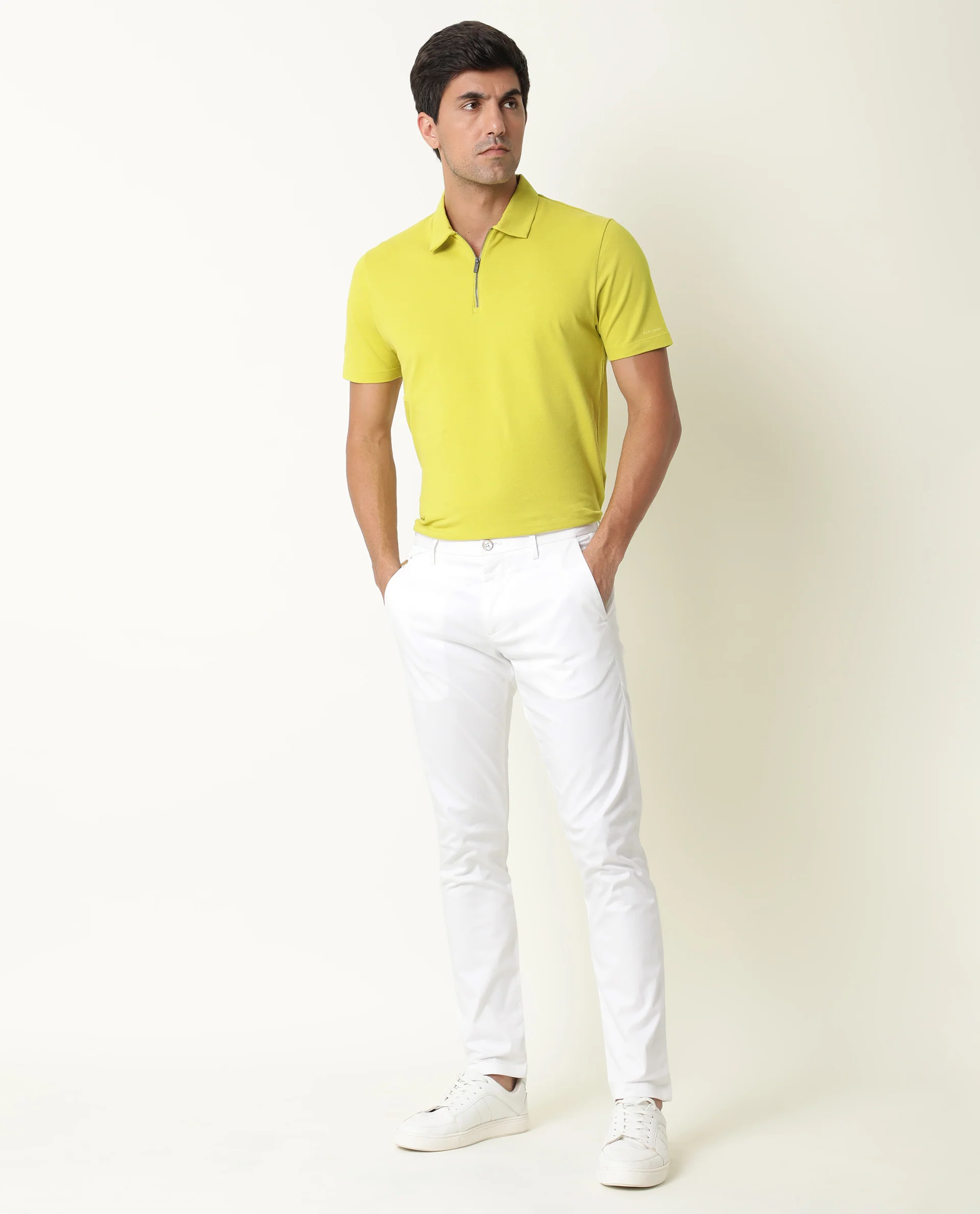 Rare Rabbit Men's Stel Fluorecent Yellow Cotton Plain Regular Fit Half Sleeve Polo - Image 2