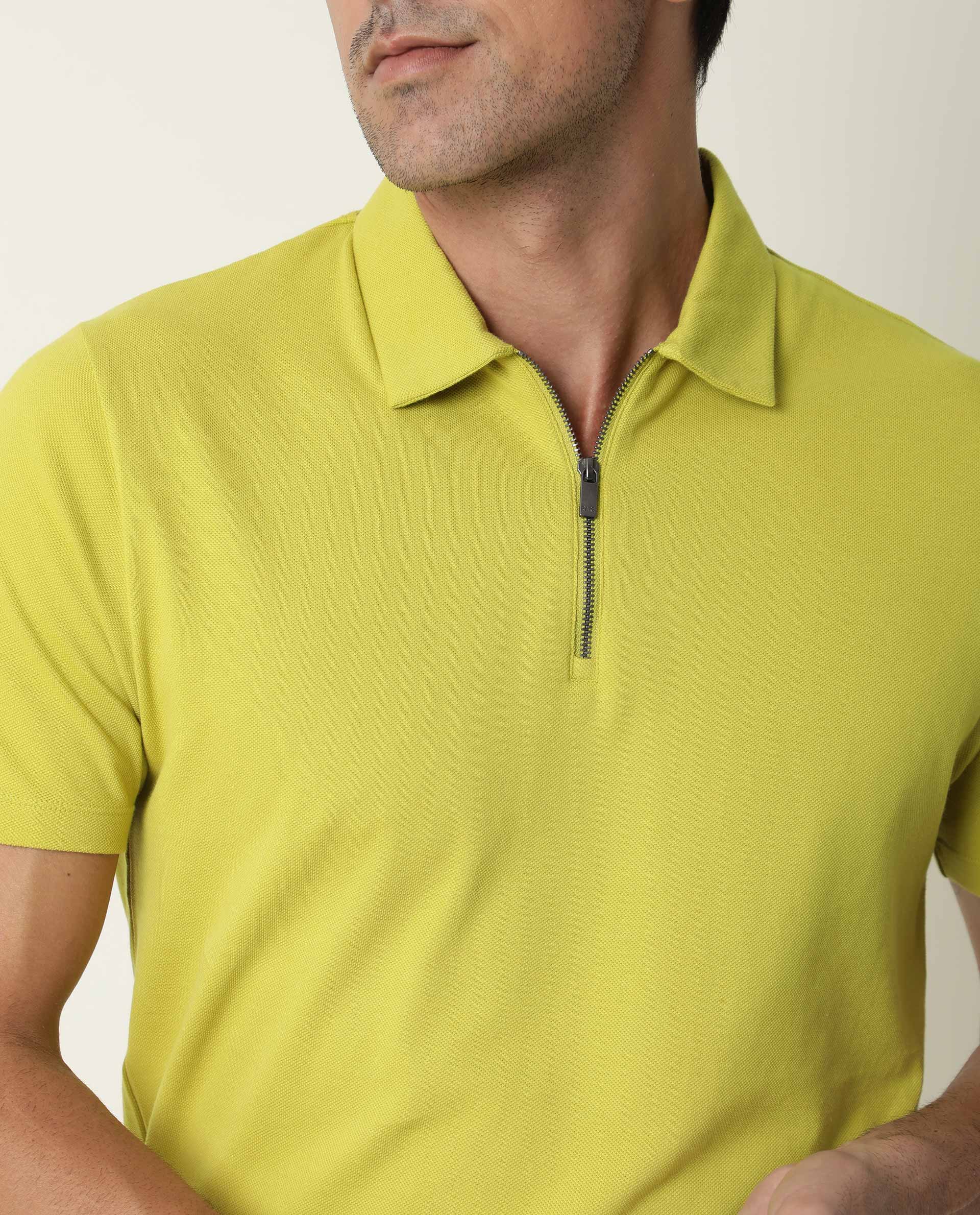 Rare Rabbit Men's Stel Fluorecent Yellow Cotton Plain Regular Fit Half Sleeve Polo - Image 3