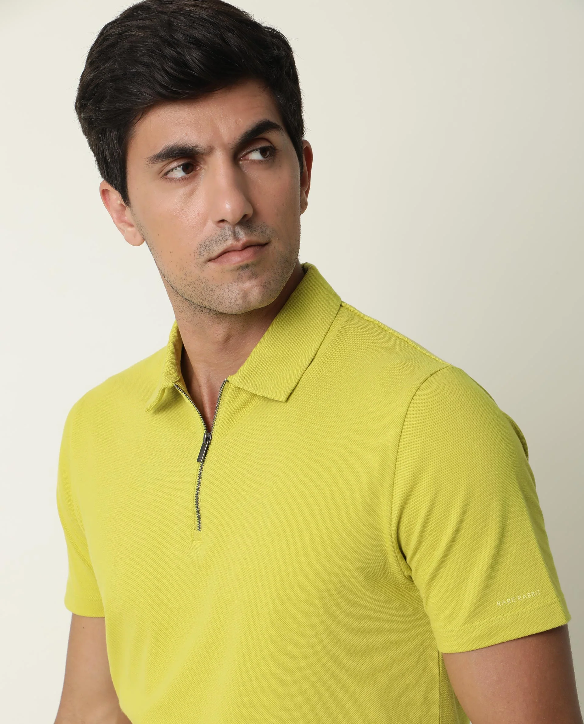 Rare Rabbit Men's Stel Fluorecent Yellow Cotton Plain Regular Fit Half Sleeve Polo - Image 4