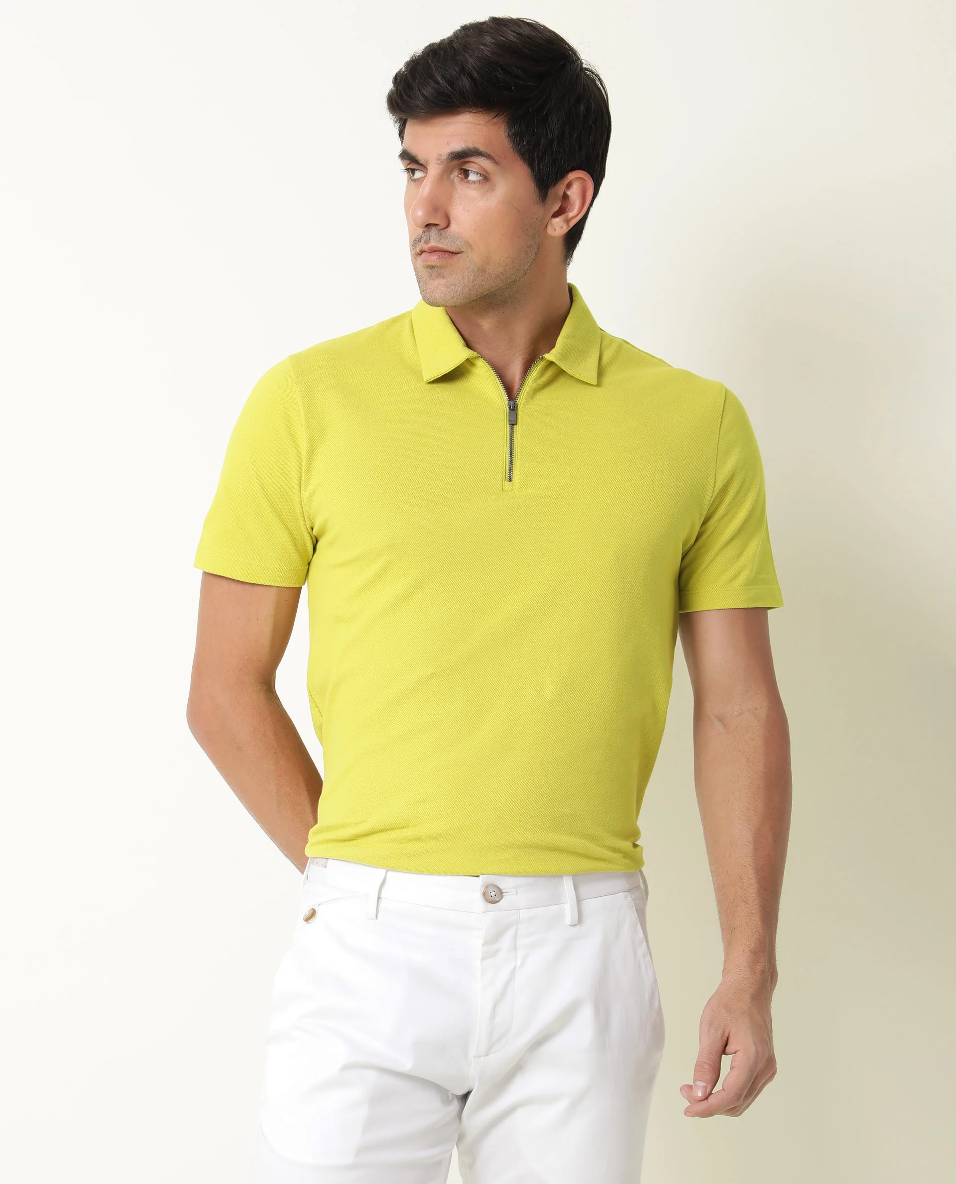 Rare Rabbit Men's Stel Fluorecent Yellow Cotton Plain Regular Fit Half Sleeve Polo - Image 6