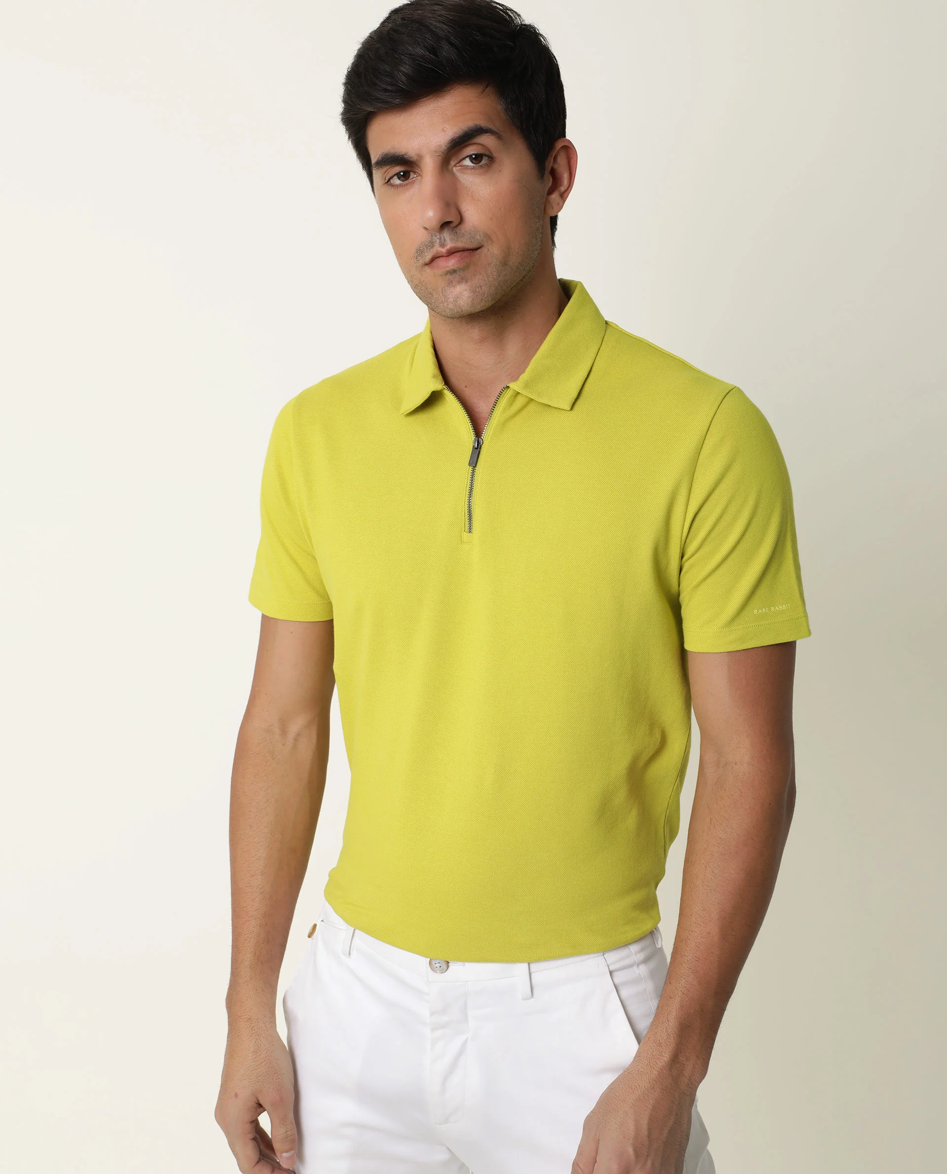 Rare Rabbit Men's Stel Fluorecent Yellow Cotton Plain Regular Fit Half Sleeve Polo - Image 7