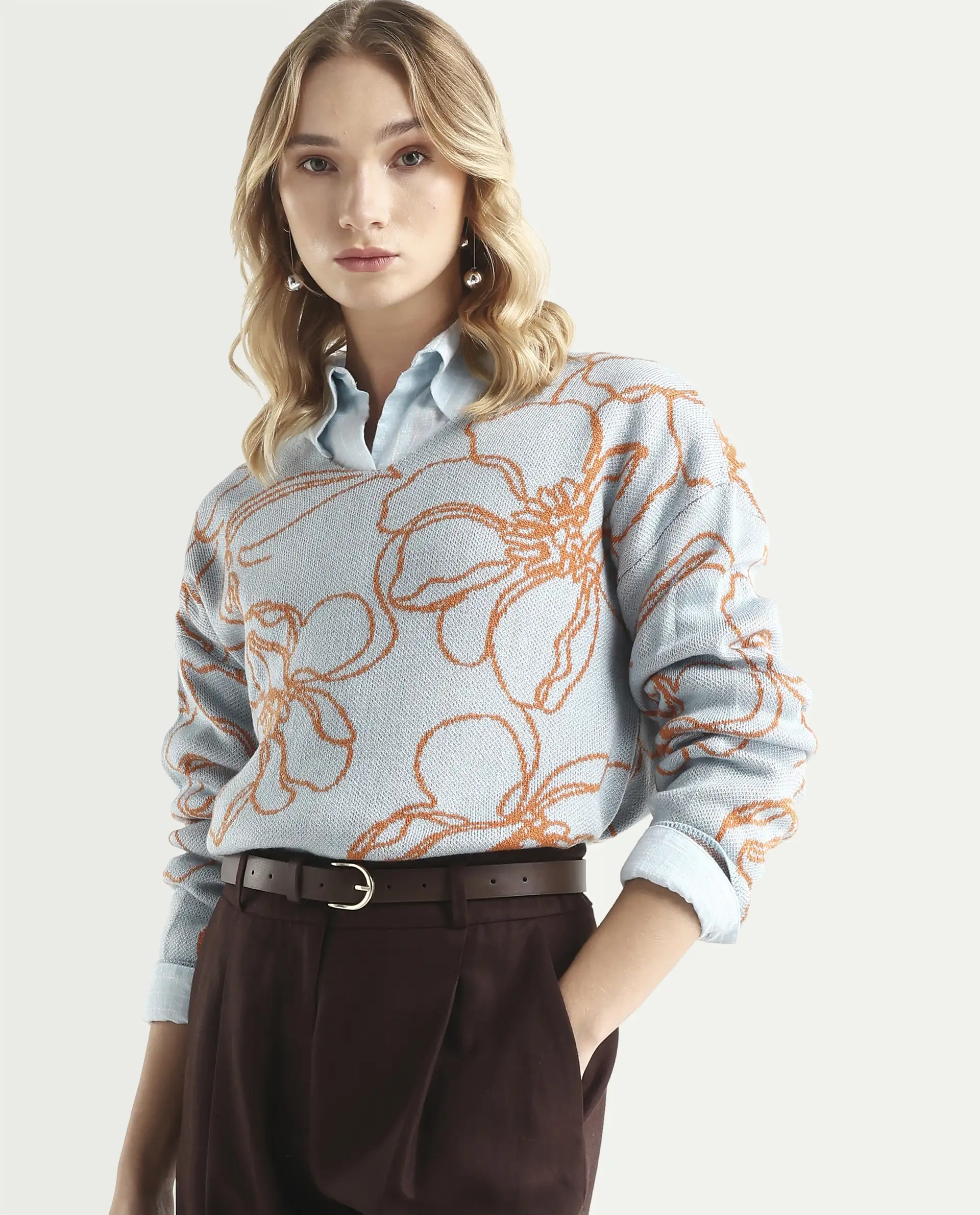 Rareism Women's Stellan Blue Acrylic Boat Neck Floral Print Relaxed Fit Sweater