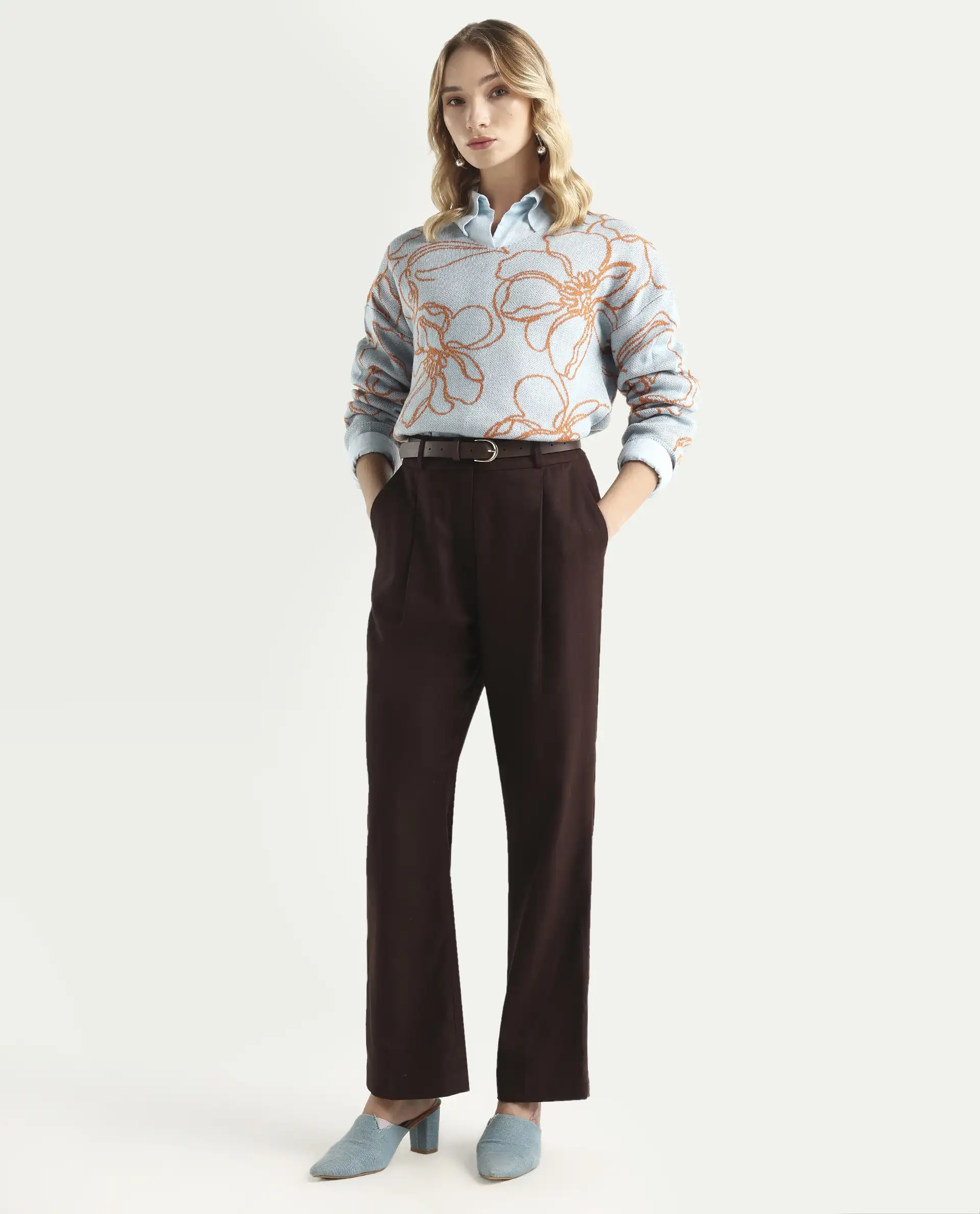 Rareism Women's Stellan Blue Acrylic Boat Neck Floral Print Relaxed Fit Sweater - Image 2