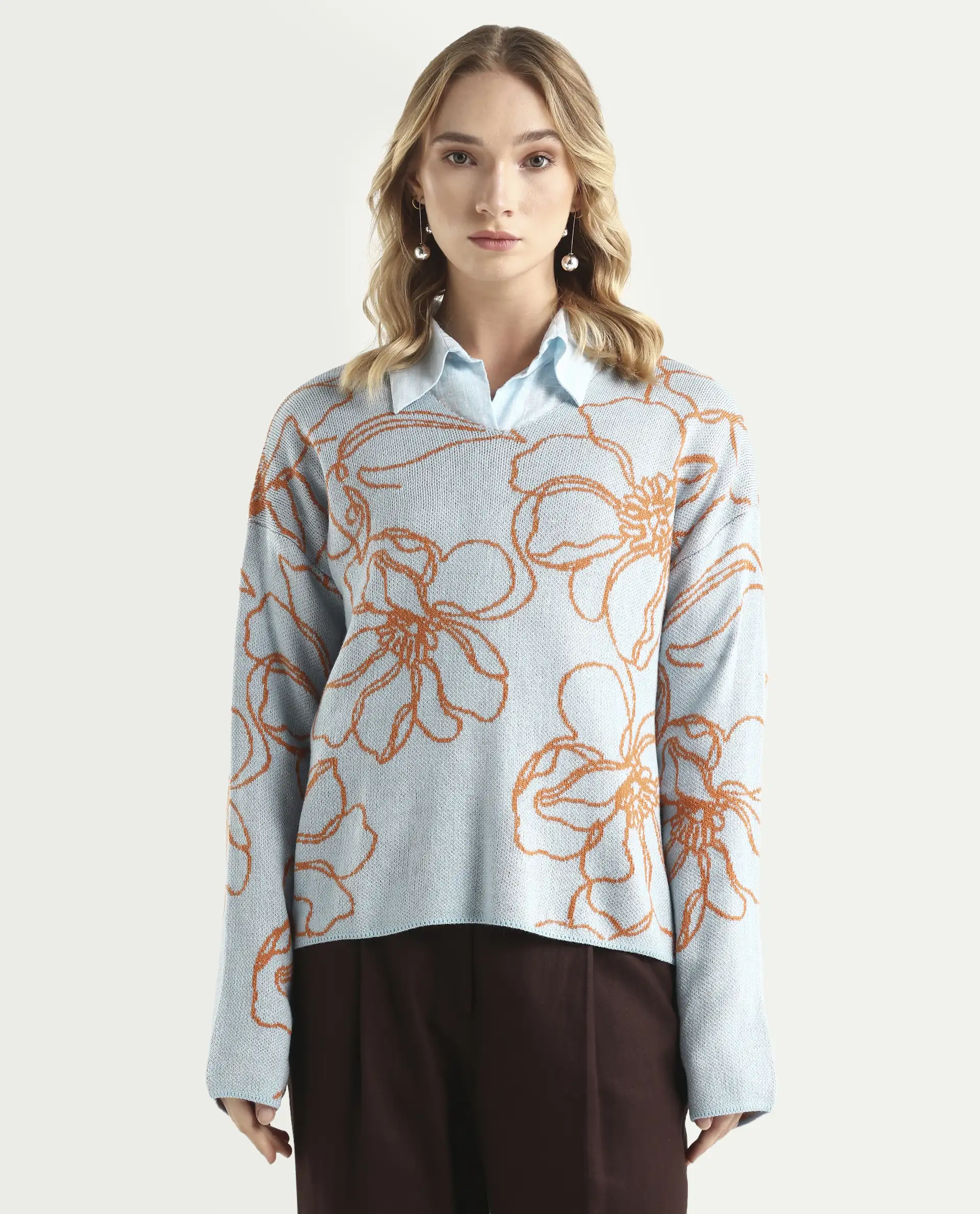 Rareism Women's Stellan Blue Acrylic Boat Neck Floral Print Relaxed Fit Sweater - Image 3
